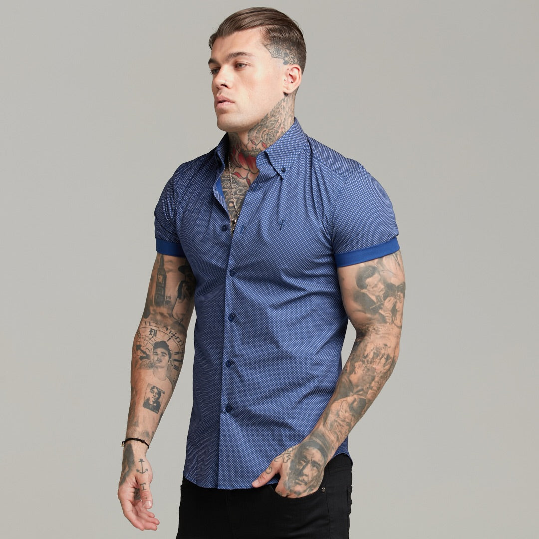 Classic Navy Print Short Sleeve Button Down - FS607