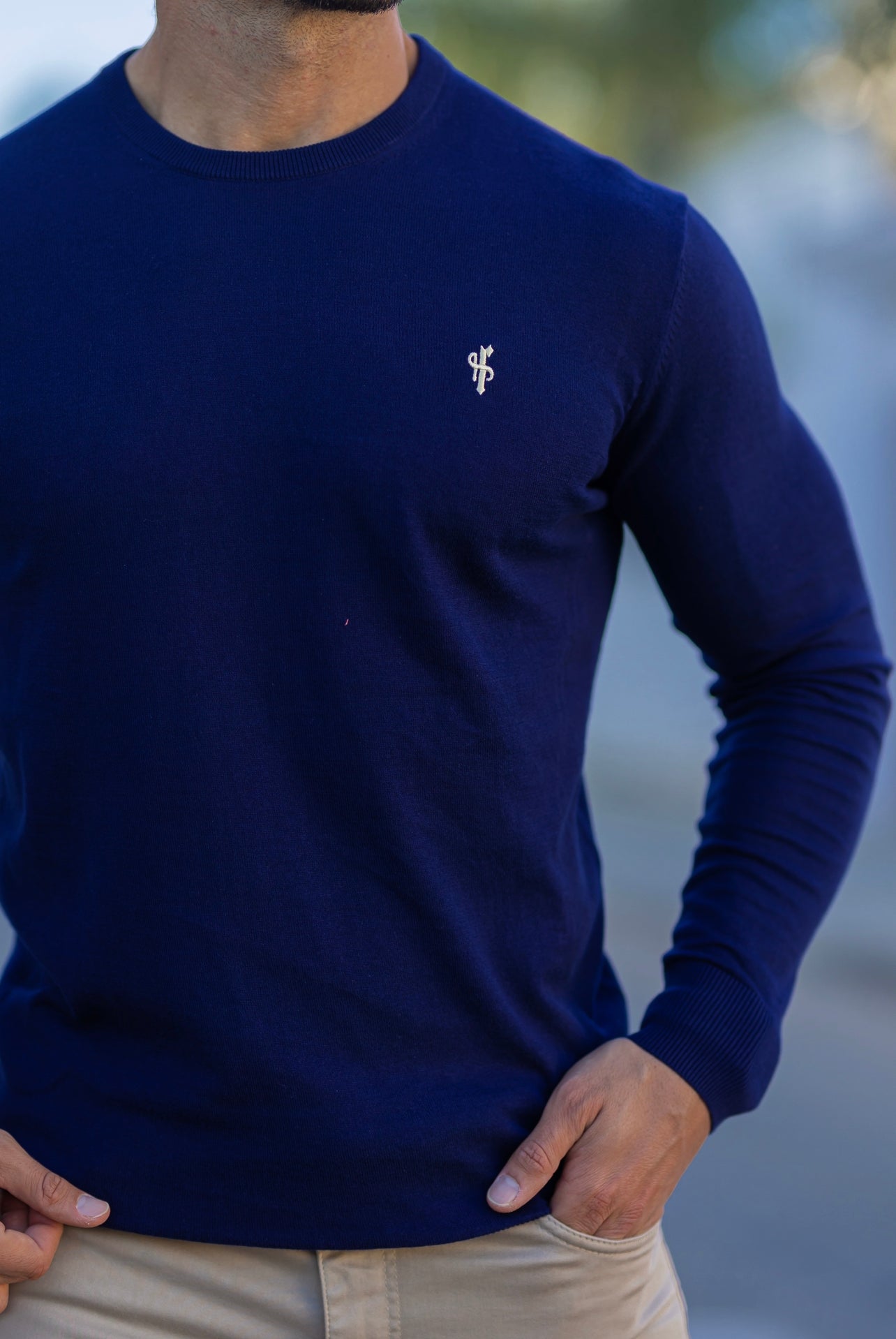 Classic Navy Crew Neck Knitted Jumper with Yellow Embroidery - FSN089