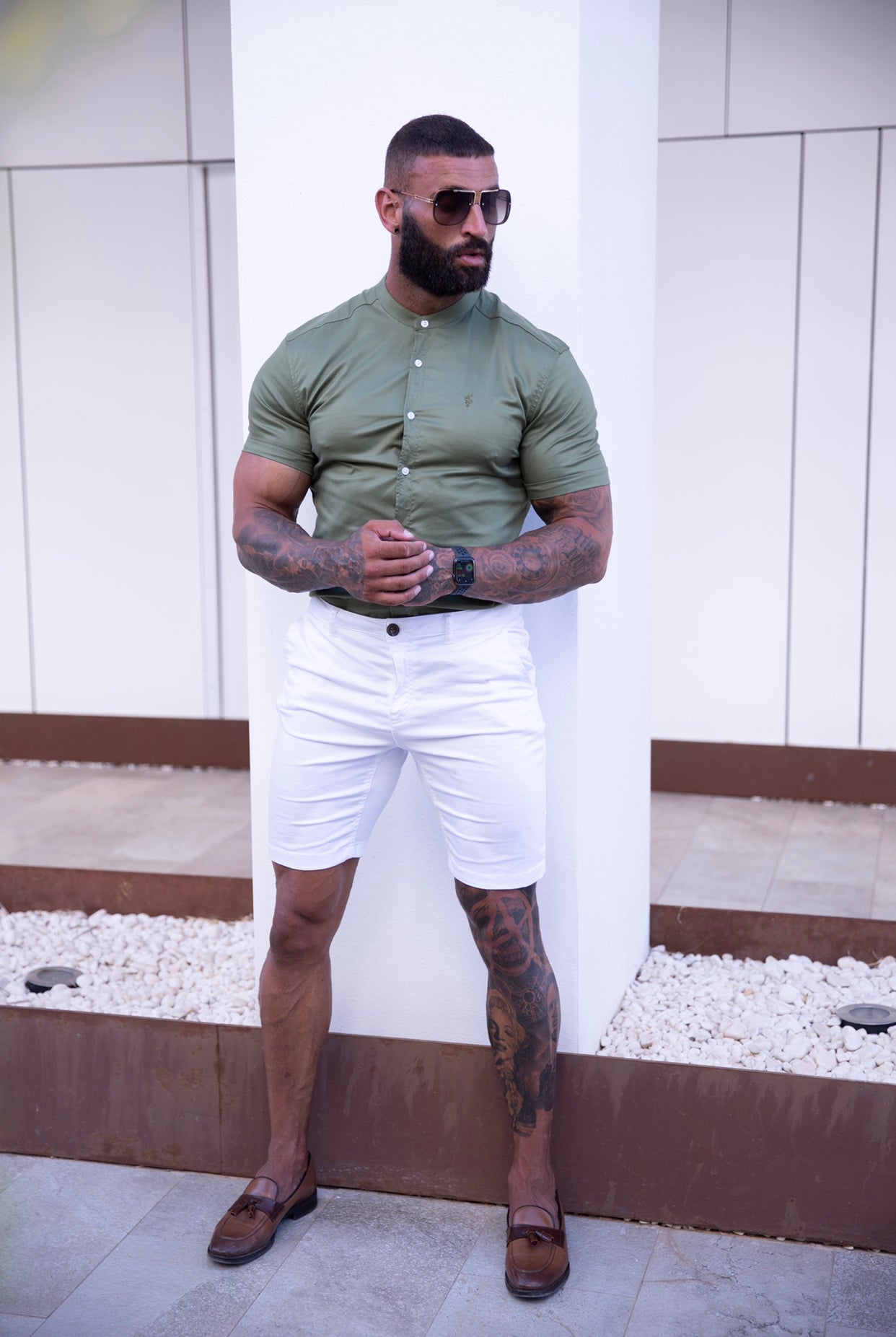 Super Slim Luxe Ultra Stretch Khaki Short Sleeve with Grandad Collar -  FS781