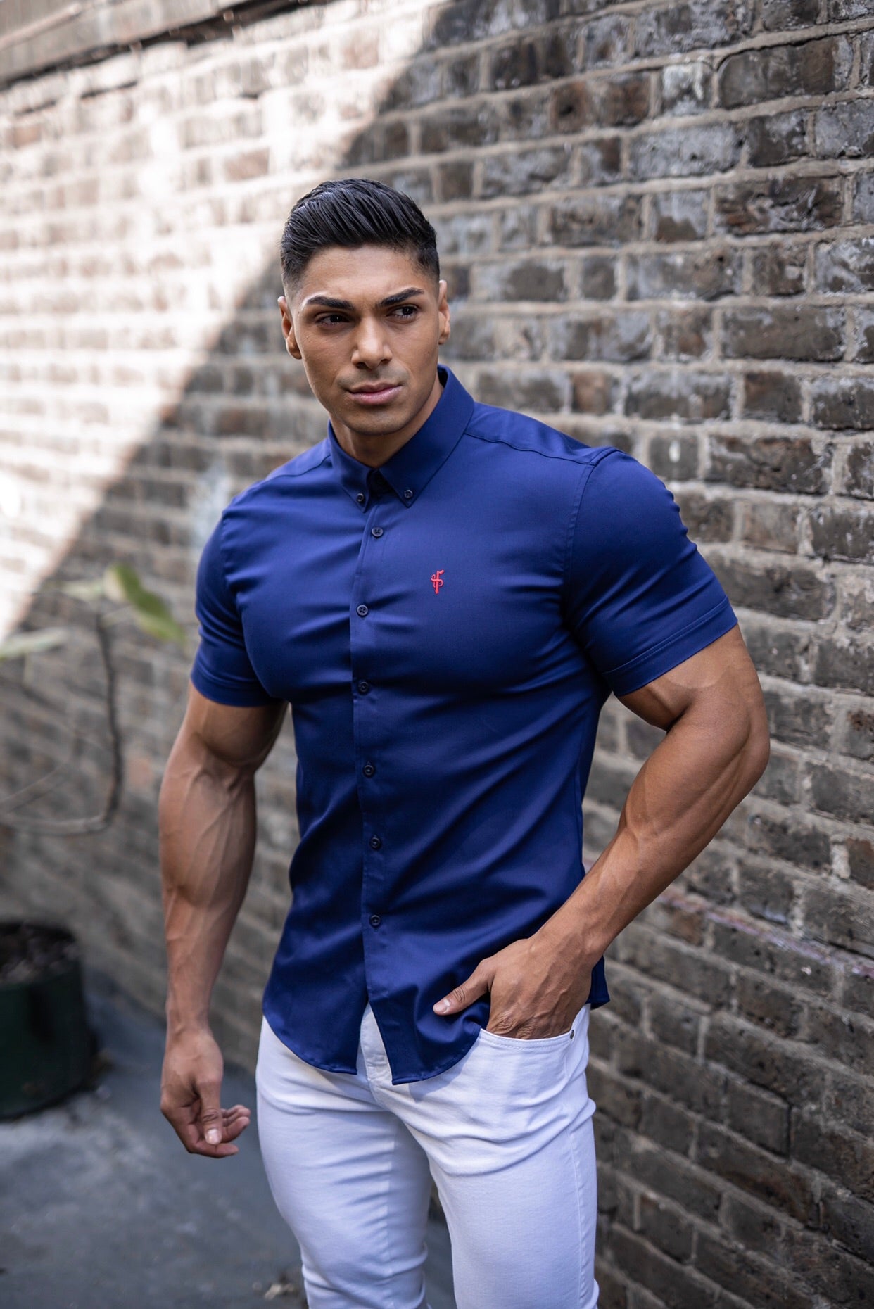 Super Slim Stretch Navy Denim Short Sleeve (Red Emblem) - FS199