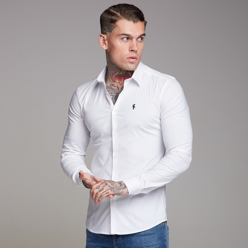 Father Sons Super Slim Stretch Classic White Shirt (Black Embroidery) - FS516