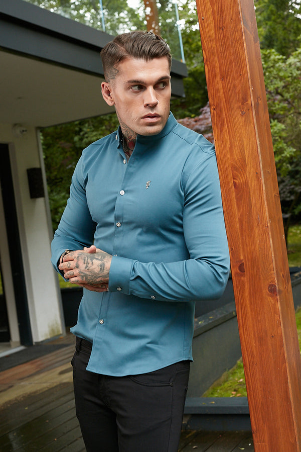 Father Sons Super Slim Stretch Teal Denim Long Sleeve Grandad collar with Metal Buttons and Decal Emblem - FS711