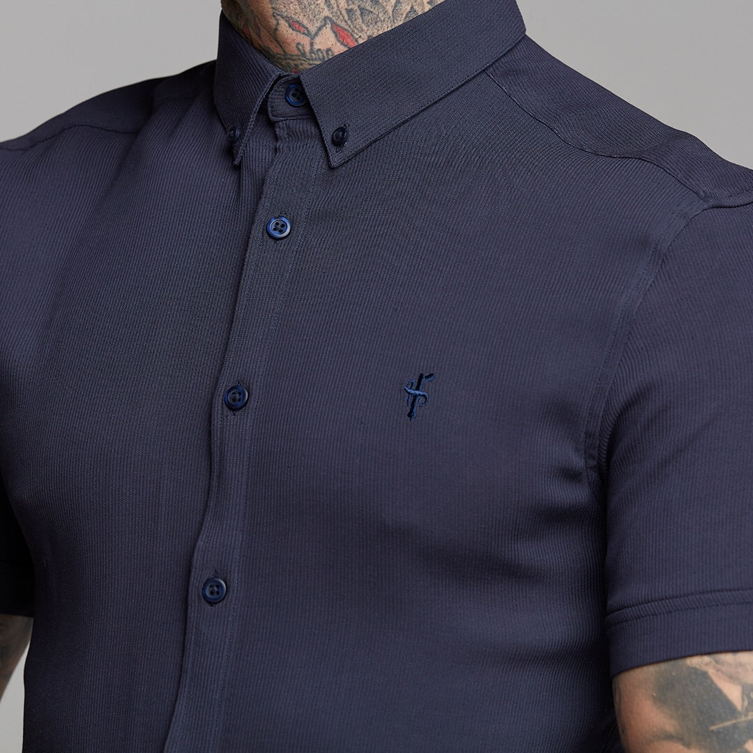 Super Slim Stretch Ribbed Navy Short Sleeve - FS442