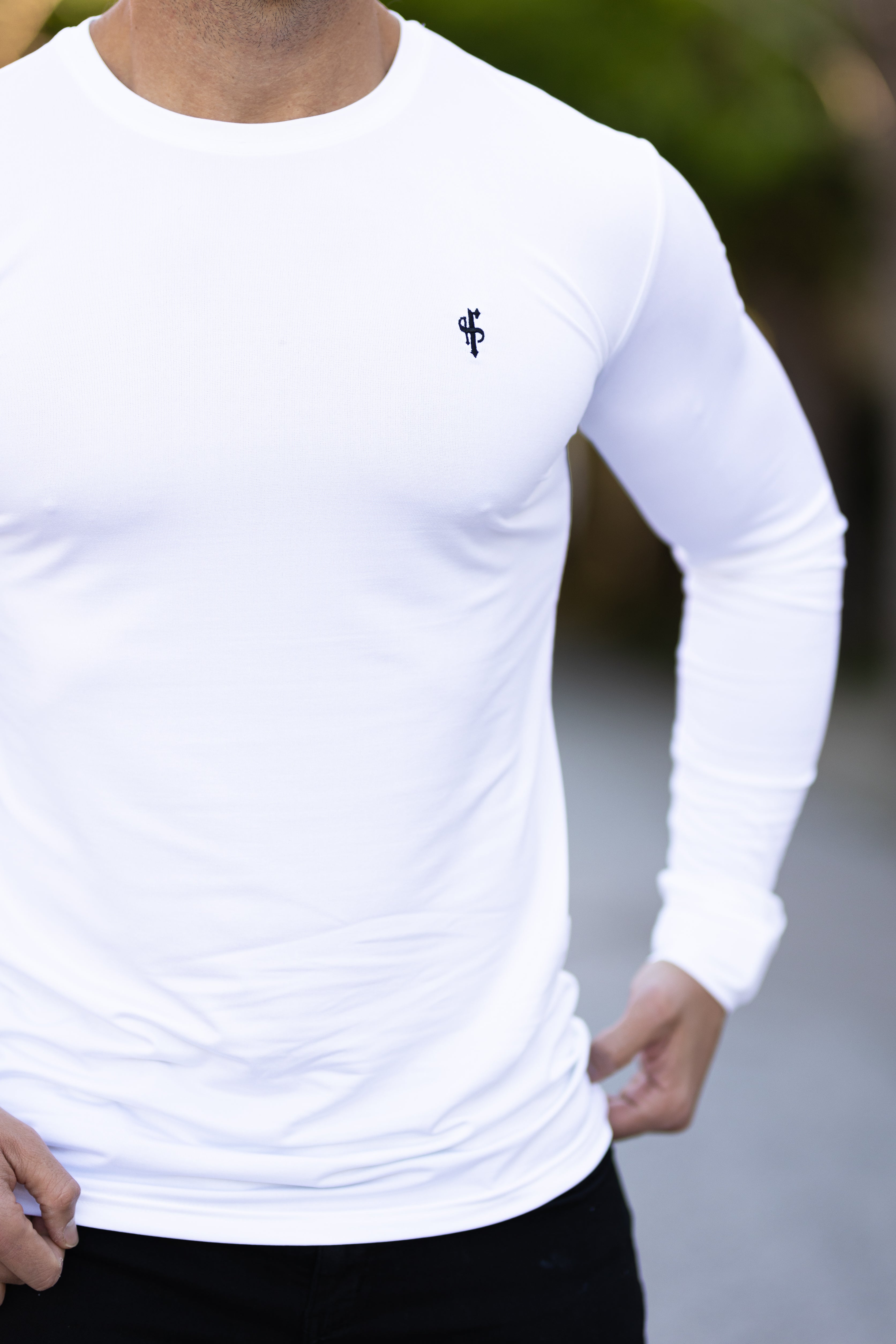 Long Sleeve White Gym Crew Top - FSH709