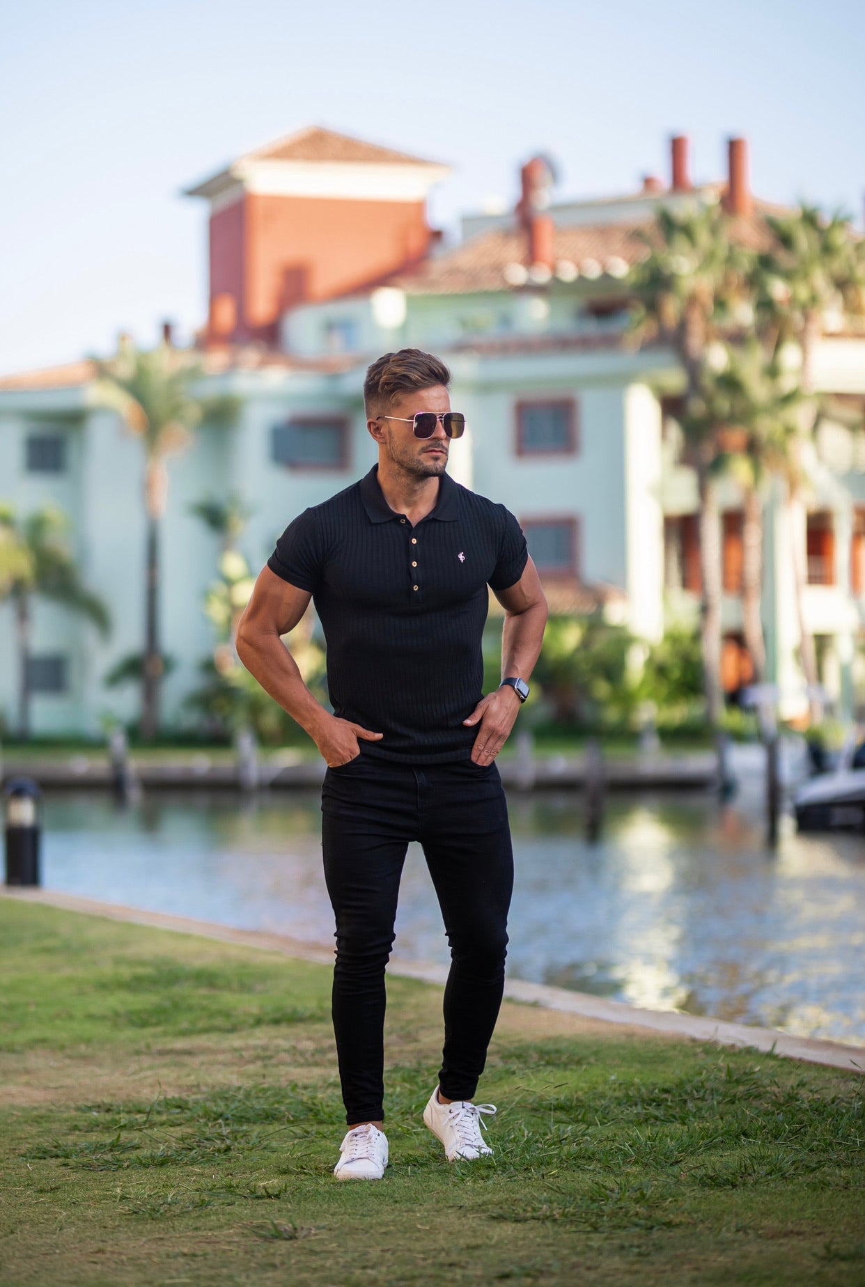 Classic Black Ribbed Polo Shirt with Gold Metal Emblem Decal & Buttons - FSH495