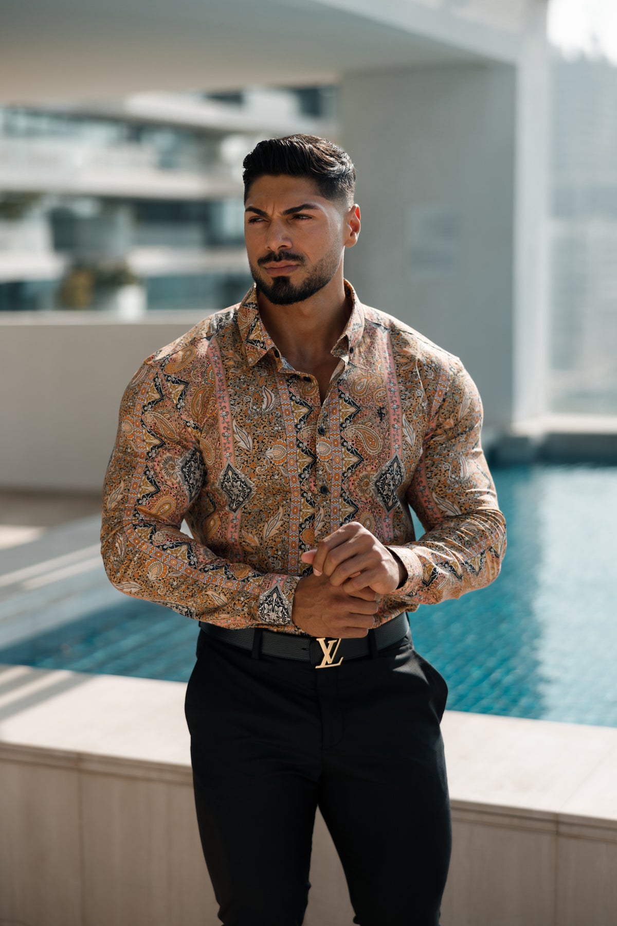 Super Slim Stretch Tan Paisley Print Long Sleeve with Button Down Coll