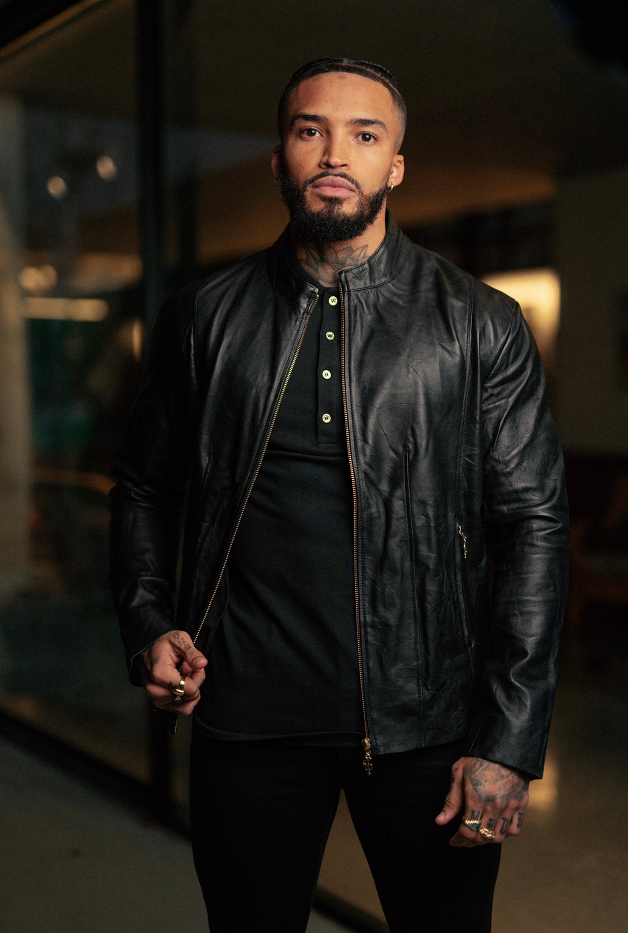 Black Lambs Leather Jacket With Gold Zips - FSH610