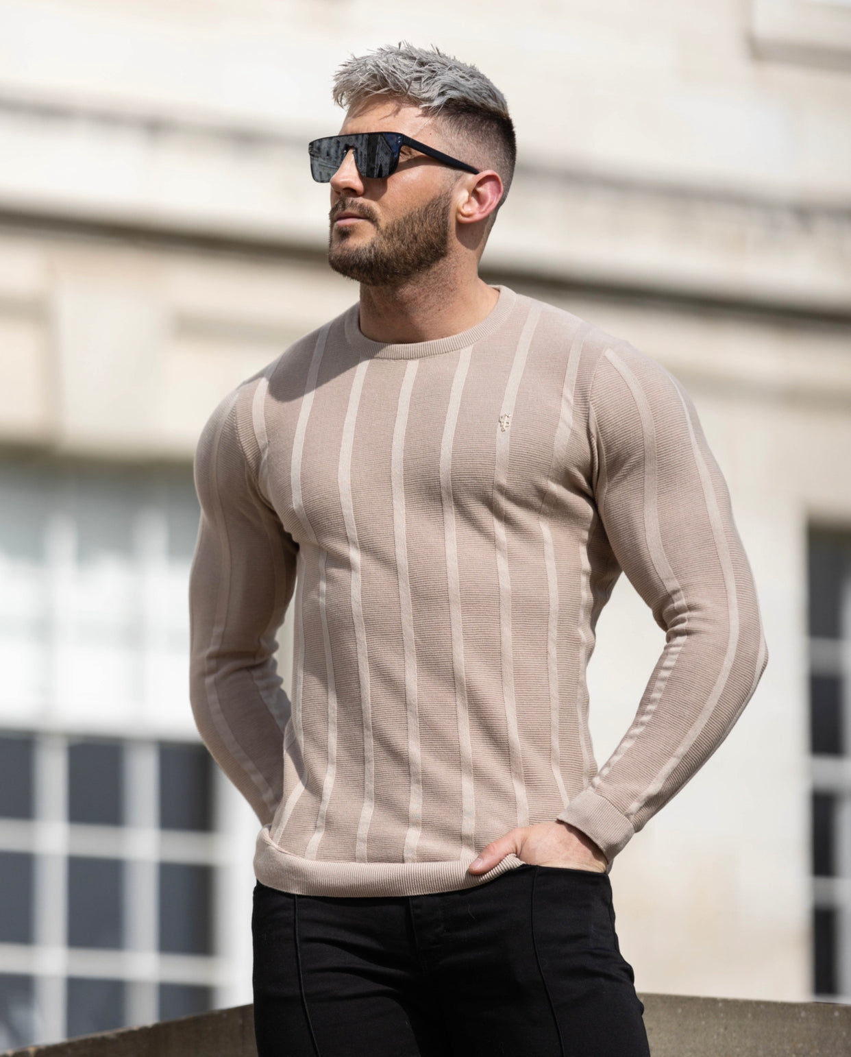 Classic Long Sleeve Oatmeal Knitted Wide Rib Crew with Gold Emblem - FSH740