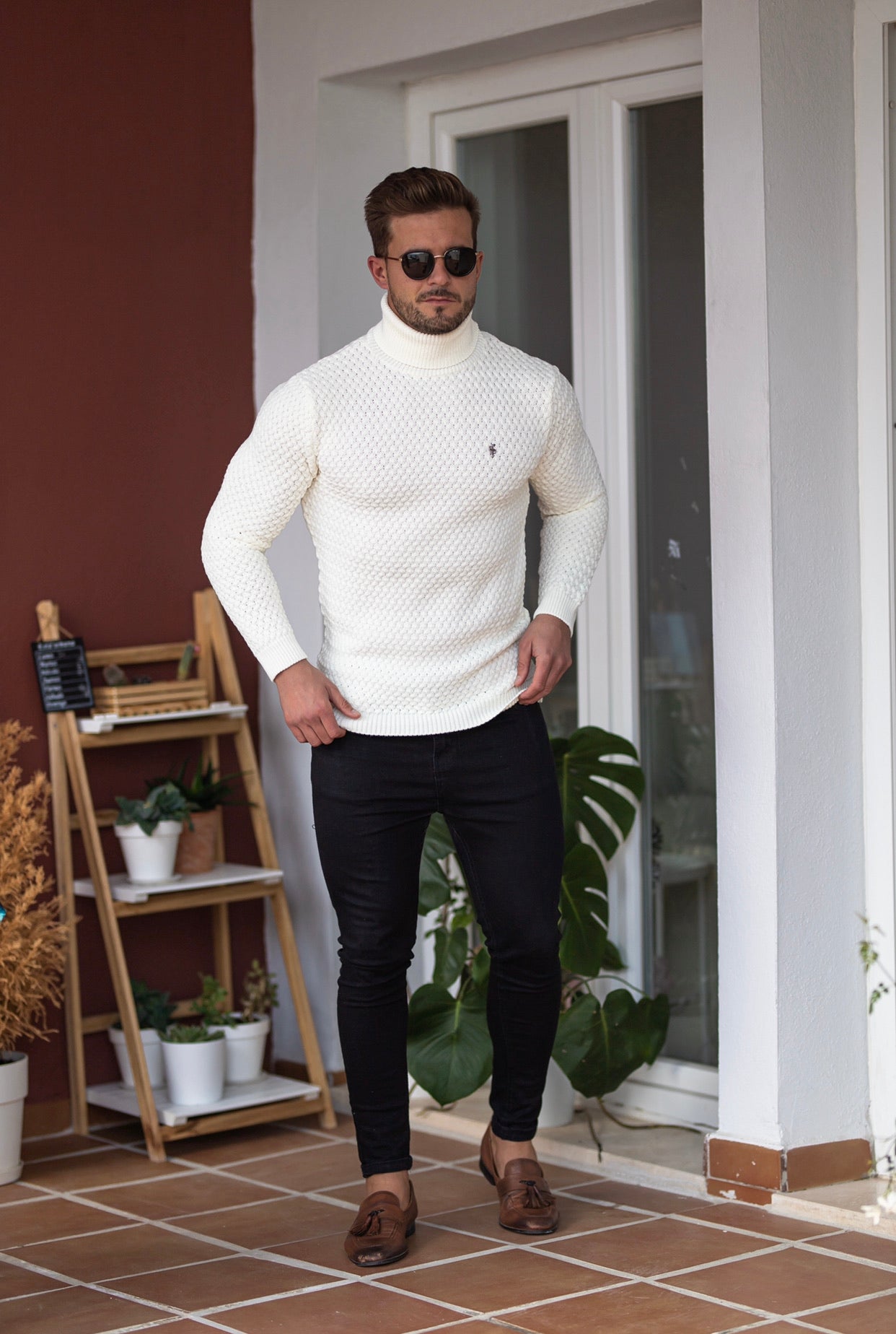 Cream Knitted Roll Neck Weave Super Slim Jumper With Metal Decal - FSJ026