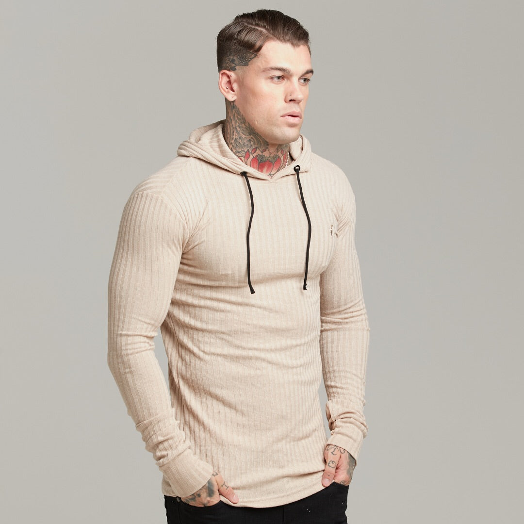 Classic Beige Ribbed Knit Hoodie Jumper - FSH412