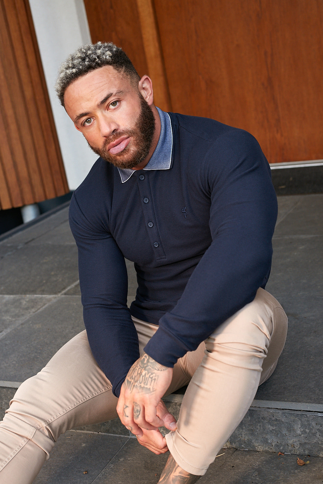 Classic Navy Honeycomb Textured Polo Shirt with Contrast Collar Long Sleeve  - FSH425