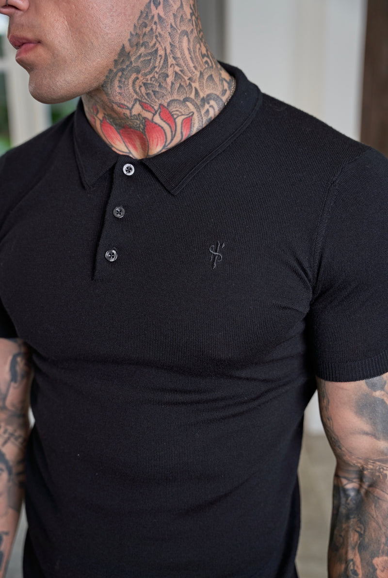 Father Sons Classic Black Merino Wool Knitted Polo Jumper Short Sleeve With FS Embroidery- FSN022