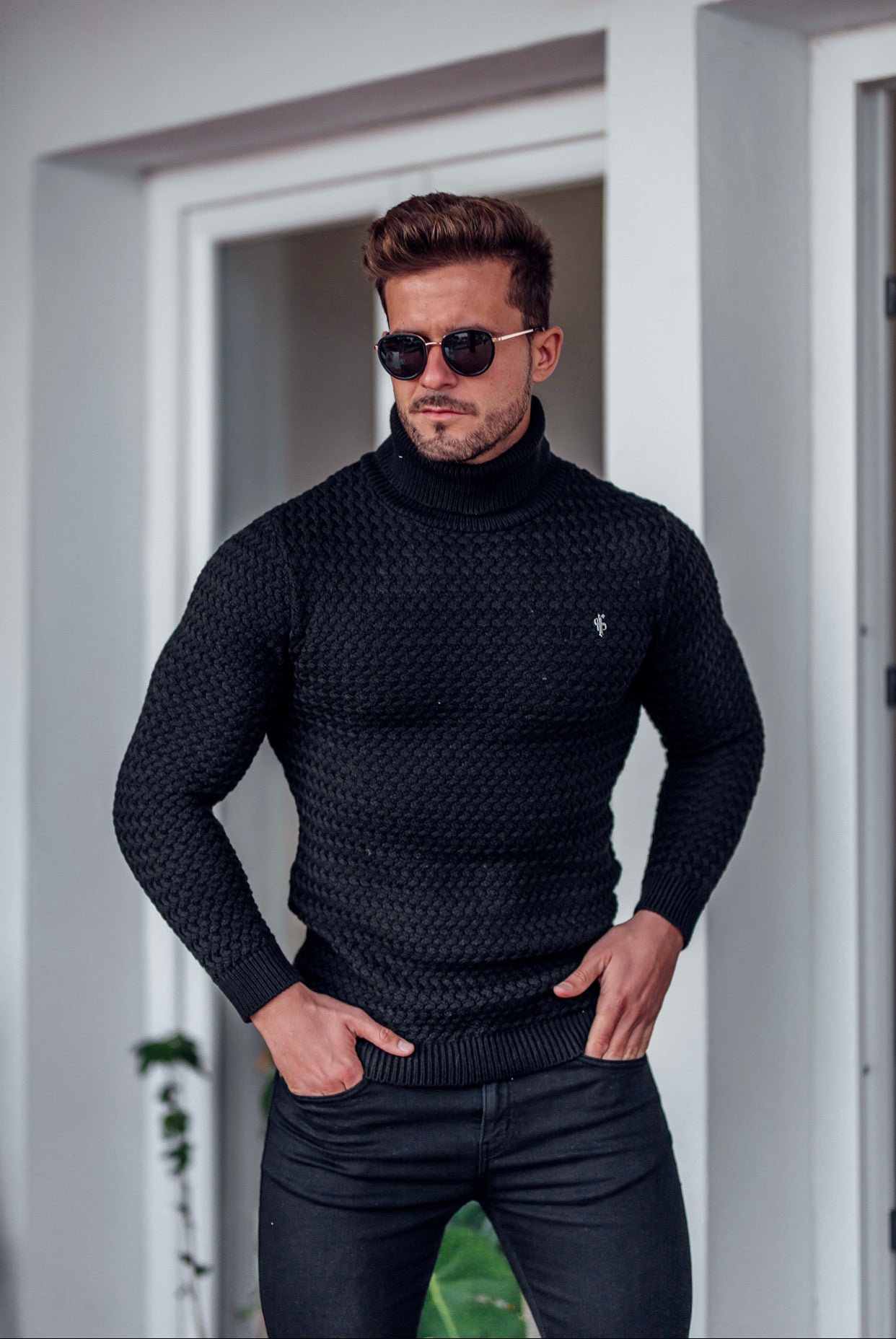 Black Knitted Roll Neck Weave Super Slim Jumper With Metal Decal - FSJ024