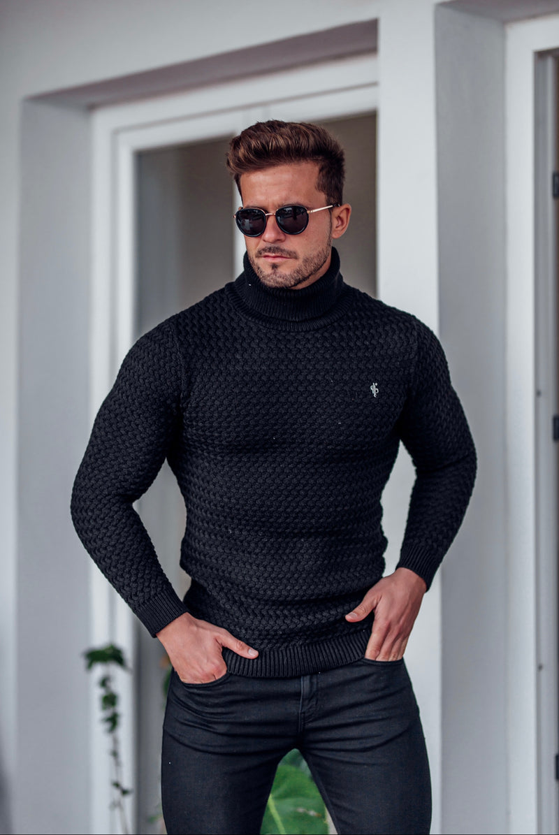 Father Sons Black Knitted Roll Neck Weave Super Slim Jumper With Metal Decal - FSJ024