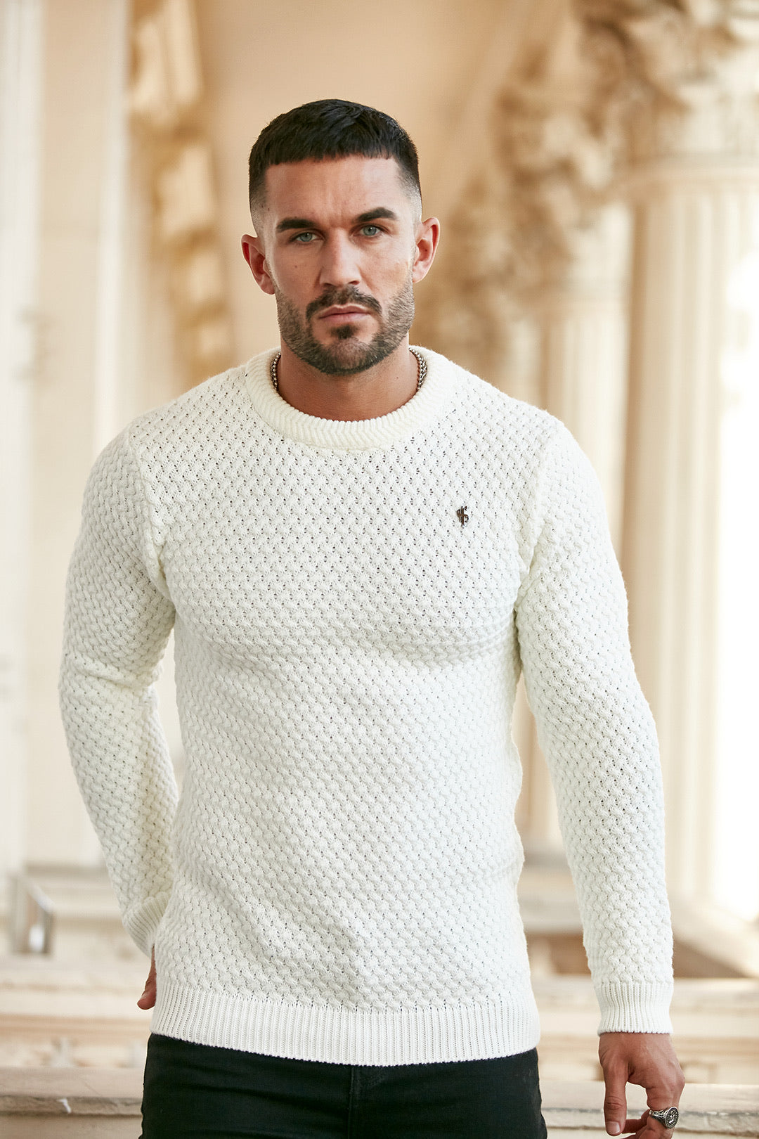Cream Knitted Weave Super Slim Jumper With Metal Decal - FSJ012