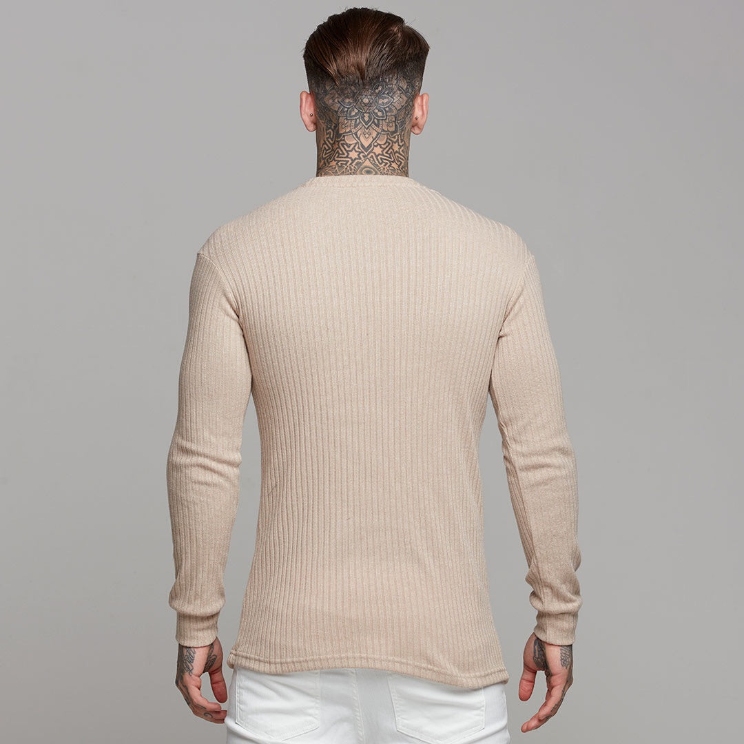 Classic Beige Long Sleeve Ribbed Knit Super Slim Crew - FSH293