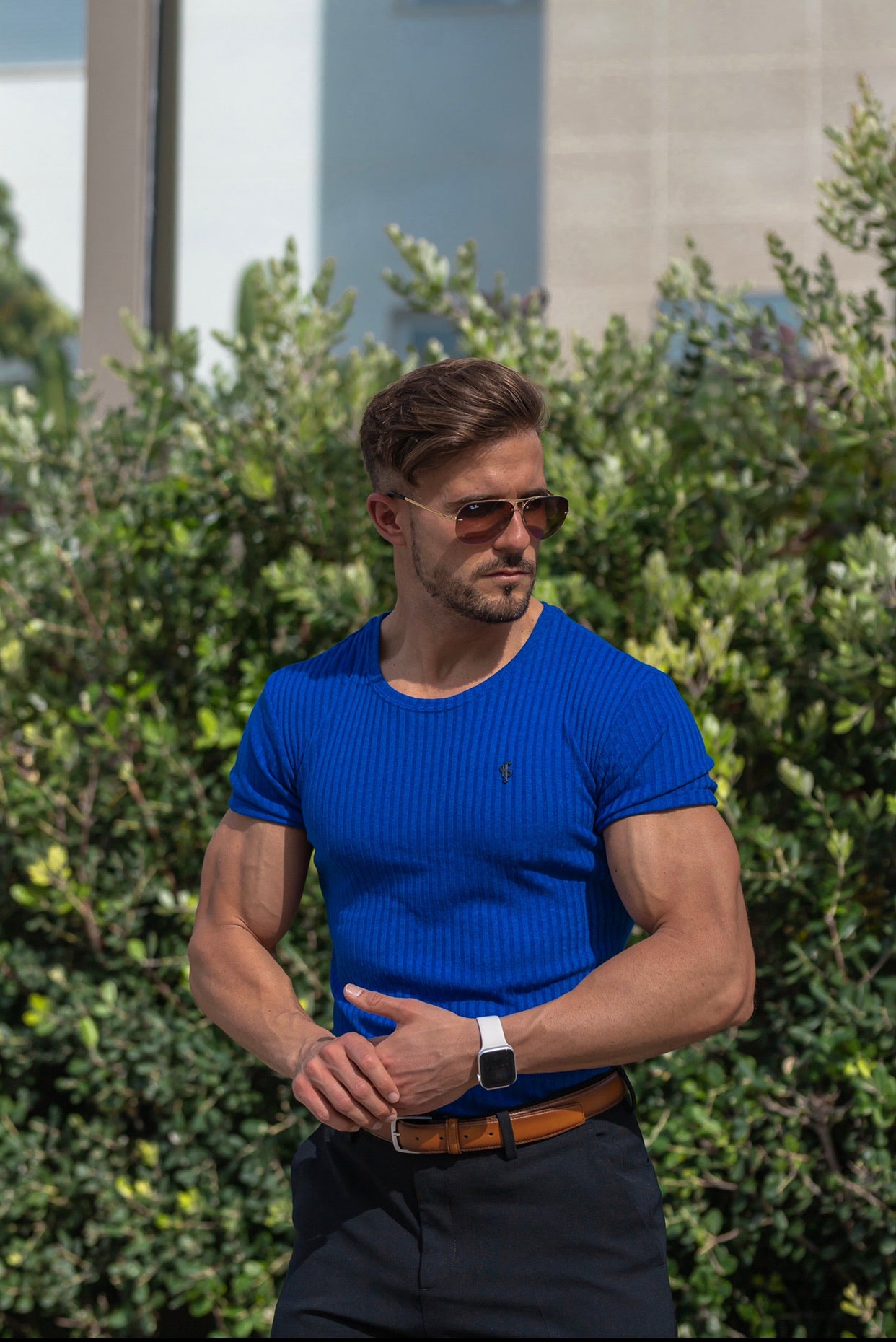 Classic Royal Blue Ribbed Knit Super Slim Short Sleeve Crew with Black Metal Emblem - FSH599