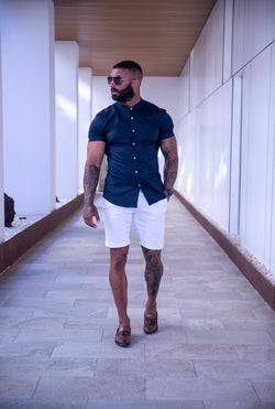 Father Sons Super Slim Luxe Ultra Stretch Classic Navy Short Sleeve with Grandad Collar -  FS783