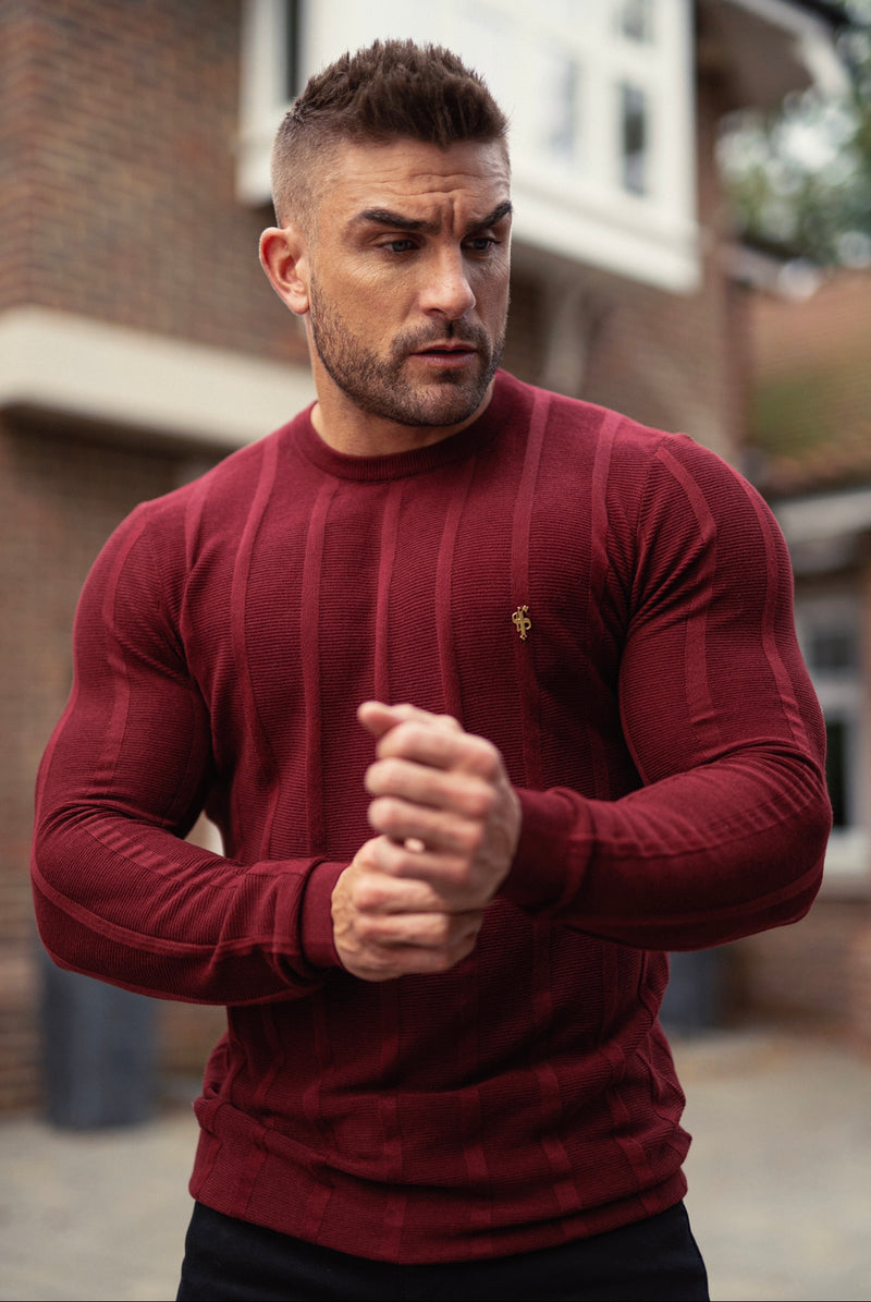 Father Sons Classic Long Sleeve Burgundy Knitted Wide Rib Crew with Gold Emblem - FSH602
