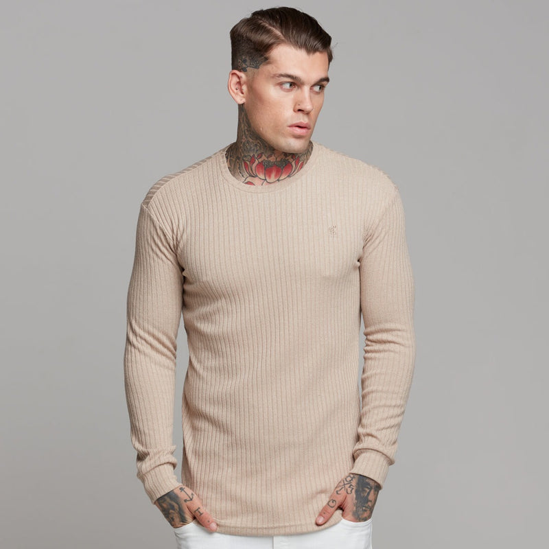 Father Sons Classic Beige Long Sleeve Ribbed Knit Super Slim Crew - FSH293