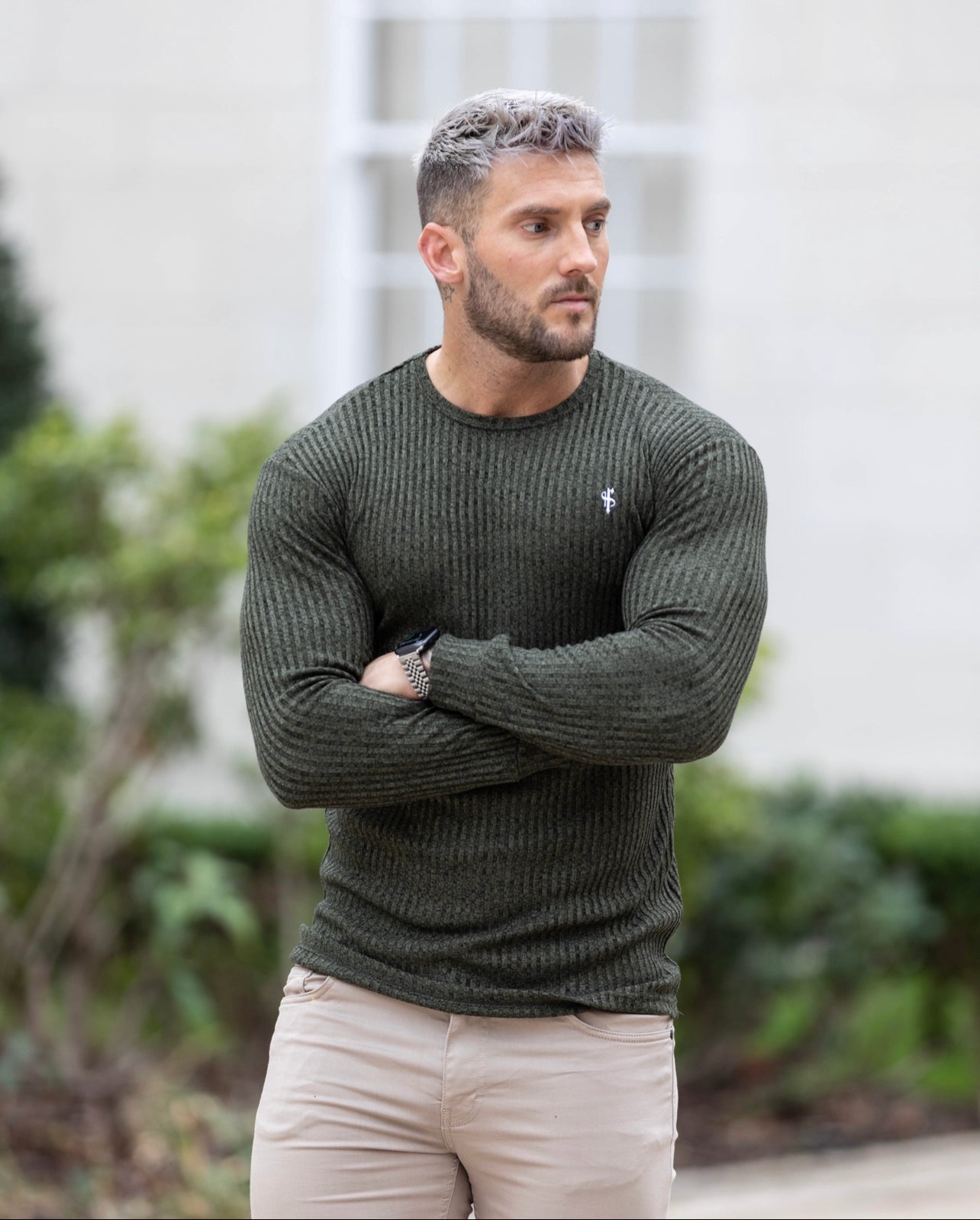 Classic Khaki / White Ribbed Knit Jumper - FSH769