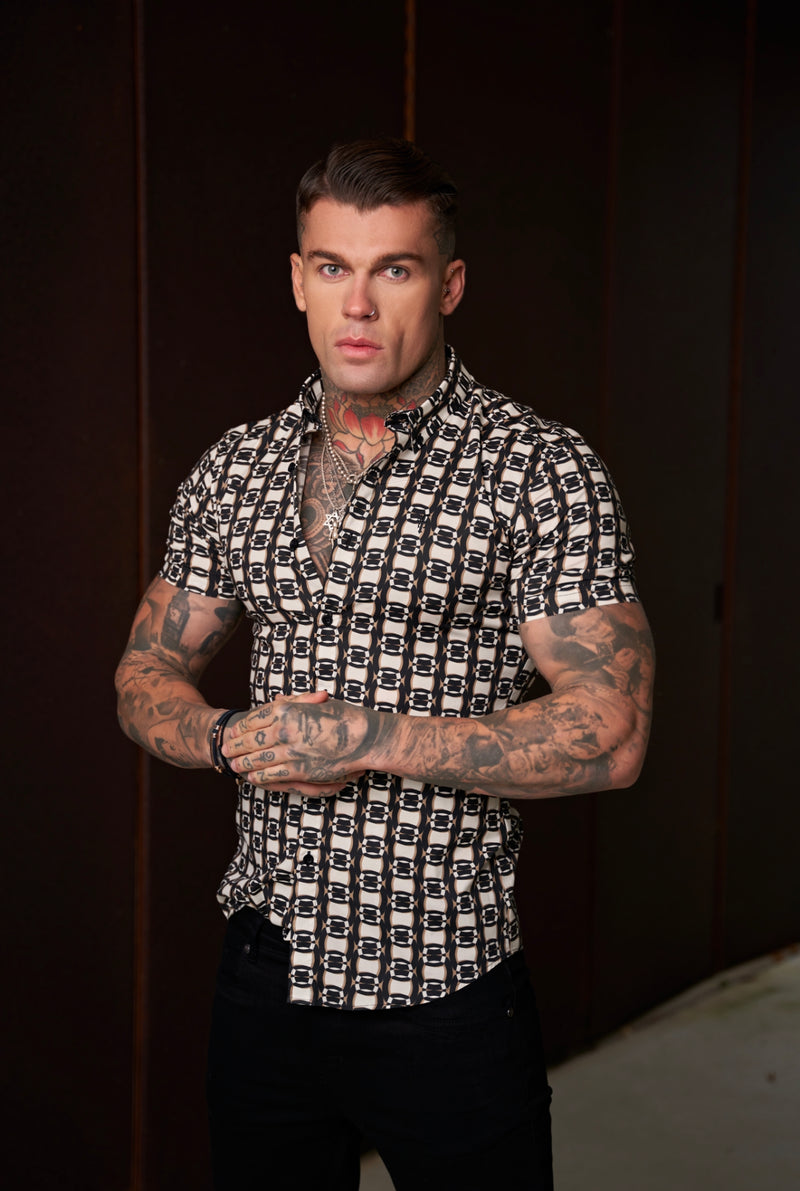 Father Sons Super Slim Stretch Black / Cream / Taupe Link Print Short Sleeve with Button Down Collar - FS849