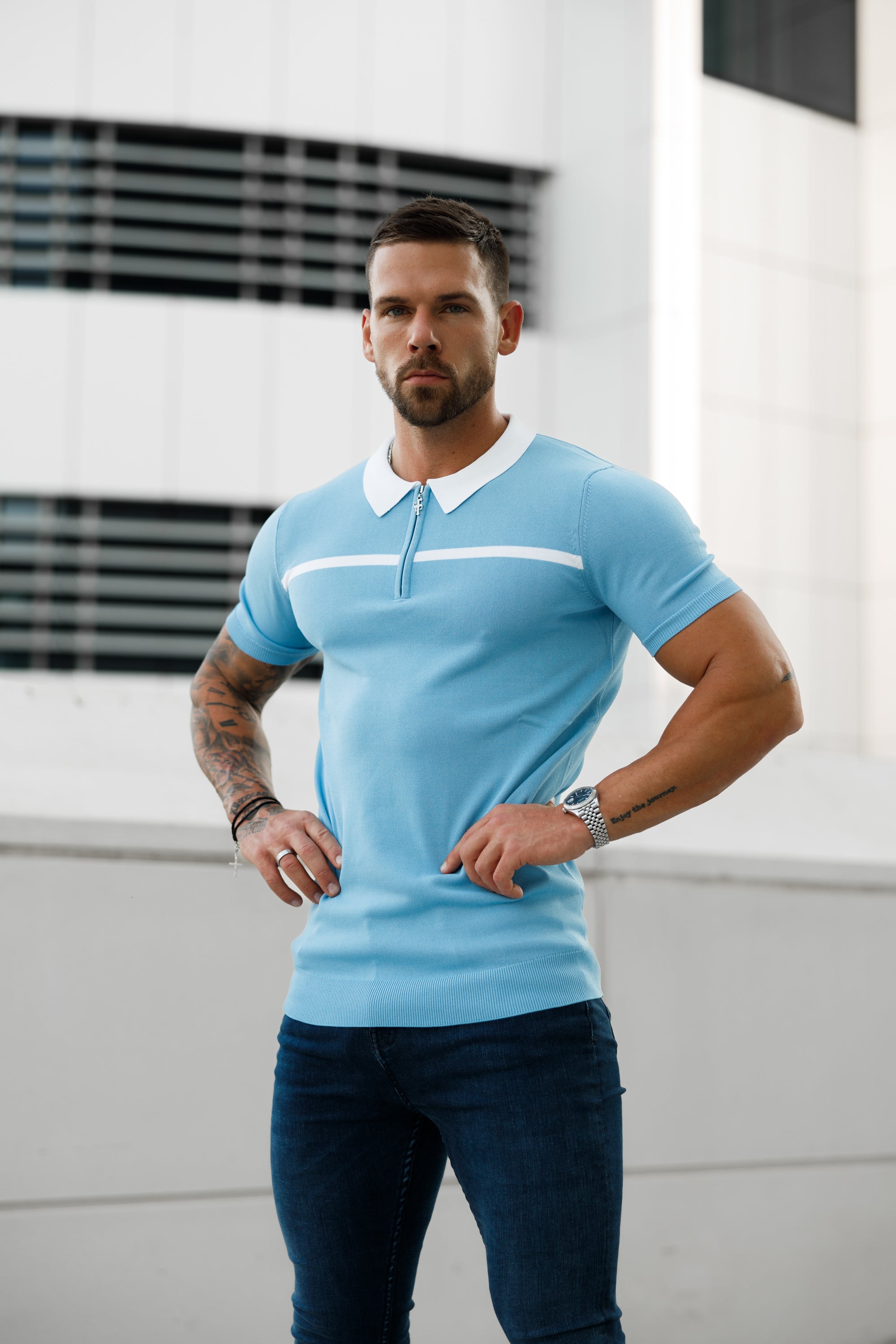 Classic Sky Blue / White Horizontal Stripe Zipped Polo Short Sleeve - FSN058