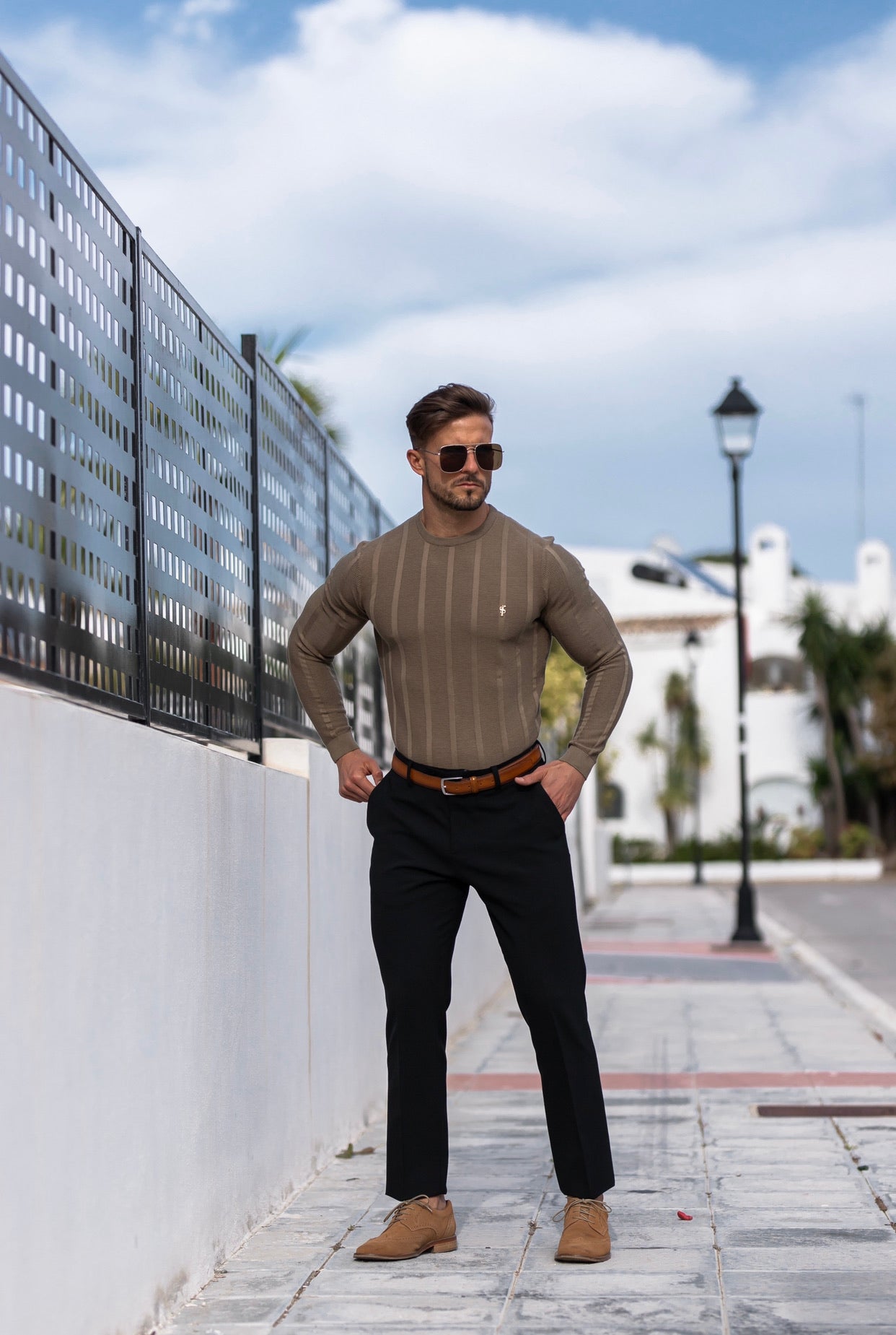 Classic Long Sleeve Olive Green Knitted Wide Rib Crew with Gold Emblem - FSH603