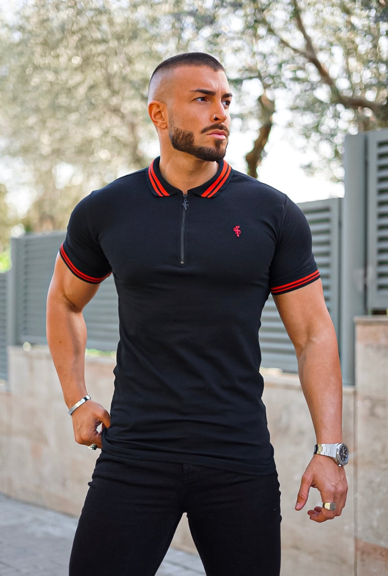 Classic Black / Red Collar and Sleeve Contrast Polo Short Sleeve - FSH619