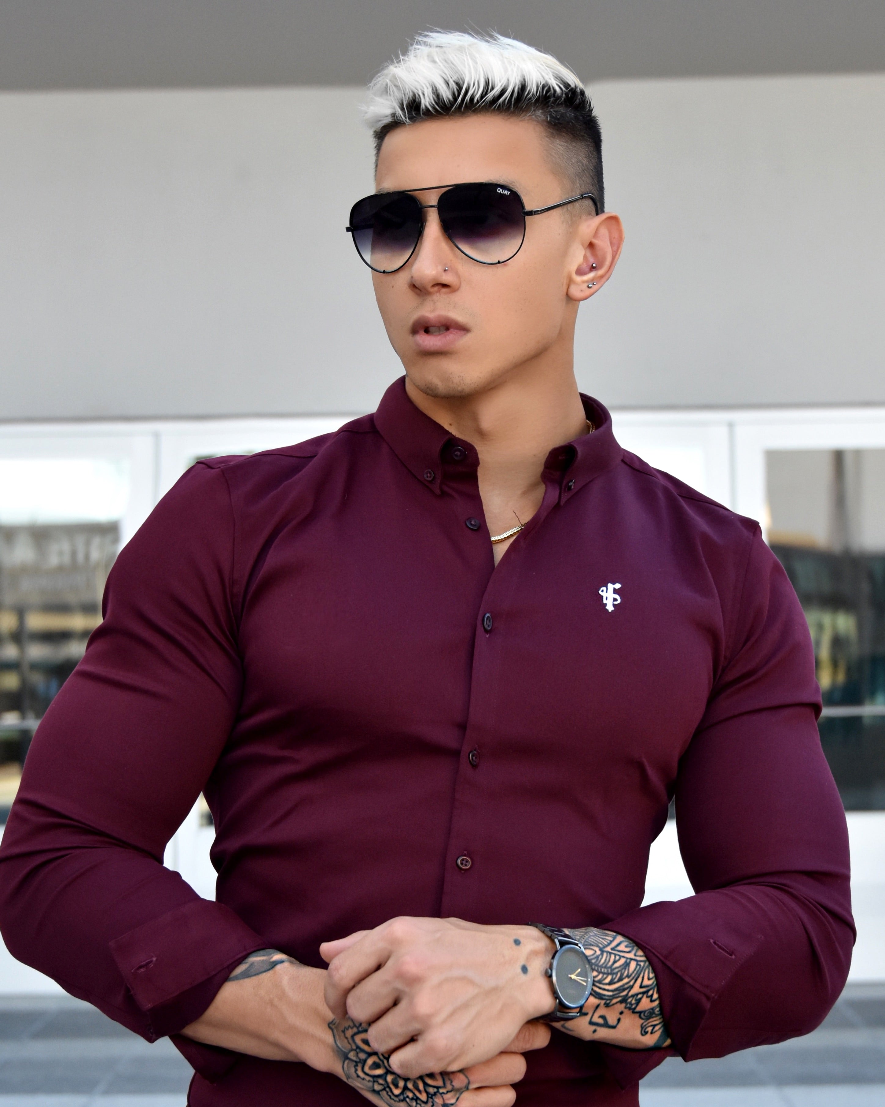 Super Slim Stretch Burgundy Denim Long Sleeve - FS212