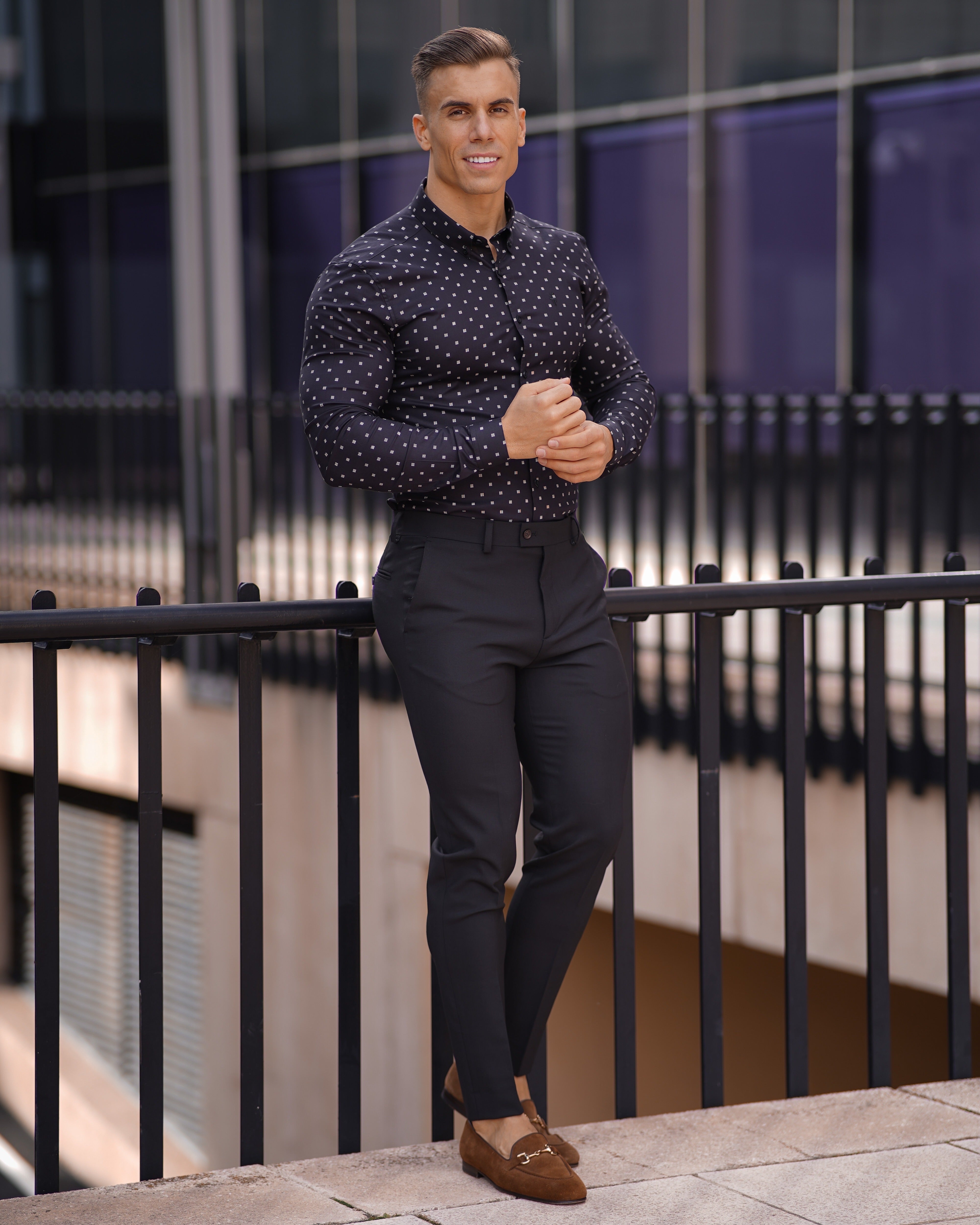 Super Slim Stretch Black & Off White Broken Square Print Long Sleeve - FS662
