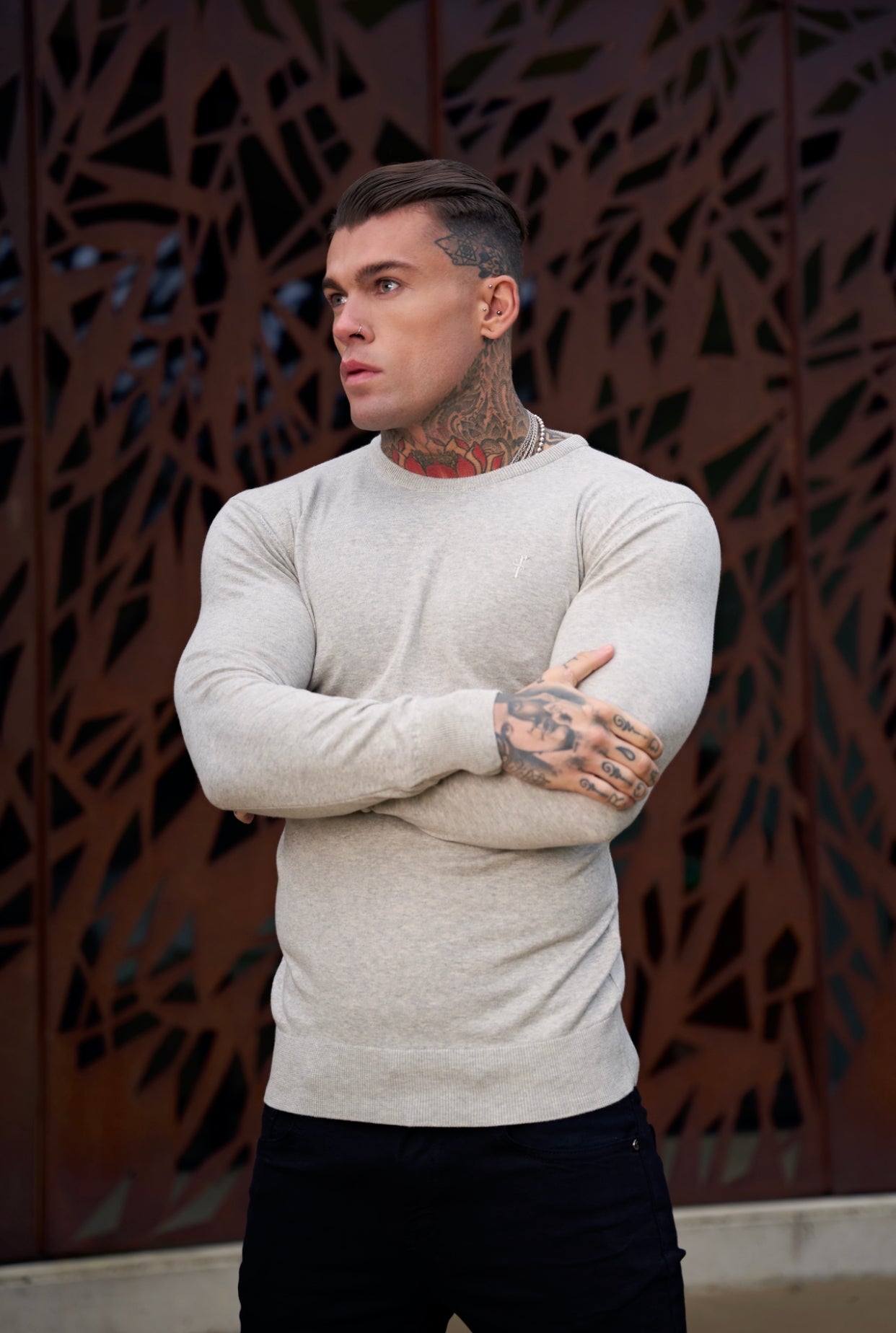 Classic Light Grey Marl Crew Neck Knitted Jumper with Tonal Emblem - FSH674