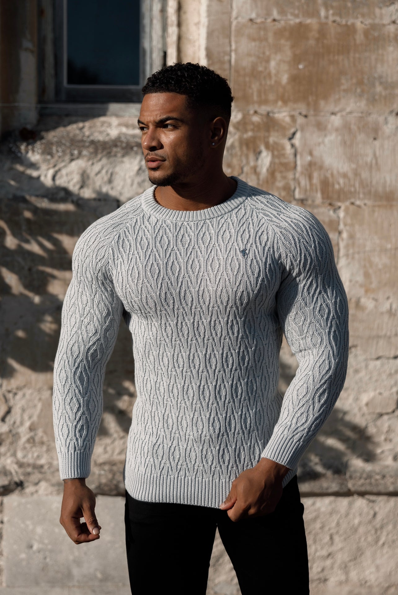 Silver Grey Knitted Elongated Diamond Crew Super Slim Raglan Jumper With Metal Decal - FSN053