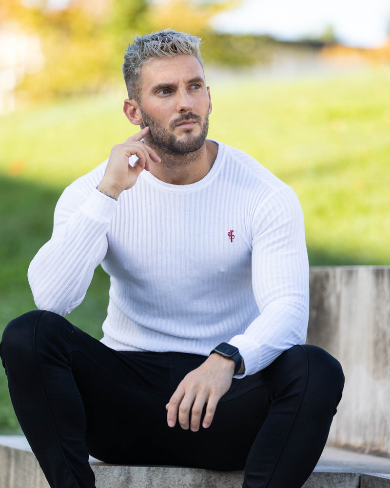 Father Sons Classic White / Red Ribbed Knit Super Slim Crew - FSH771