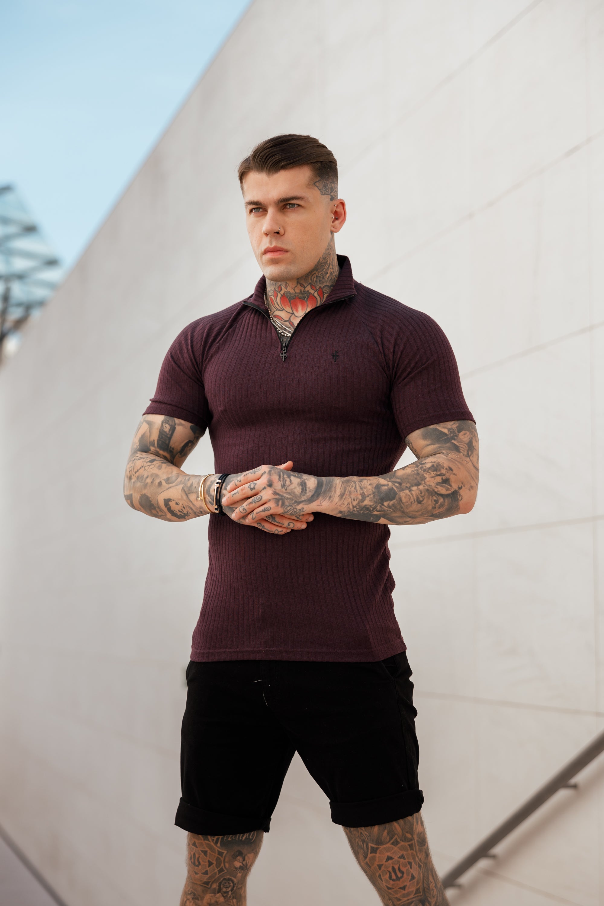 Classic Plum Ribbed Zip Funnel Neck Raglan Short Sleeve Crew - FSH732