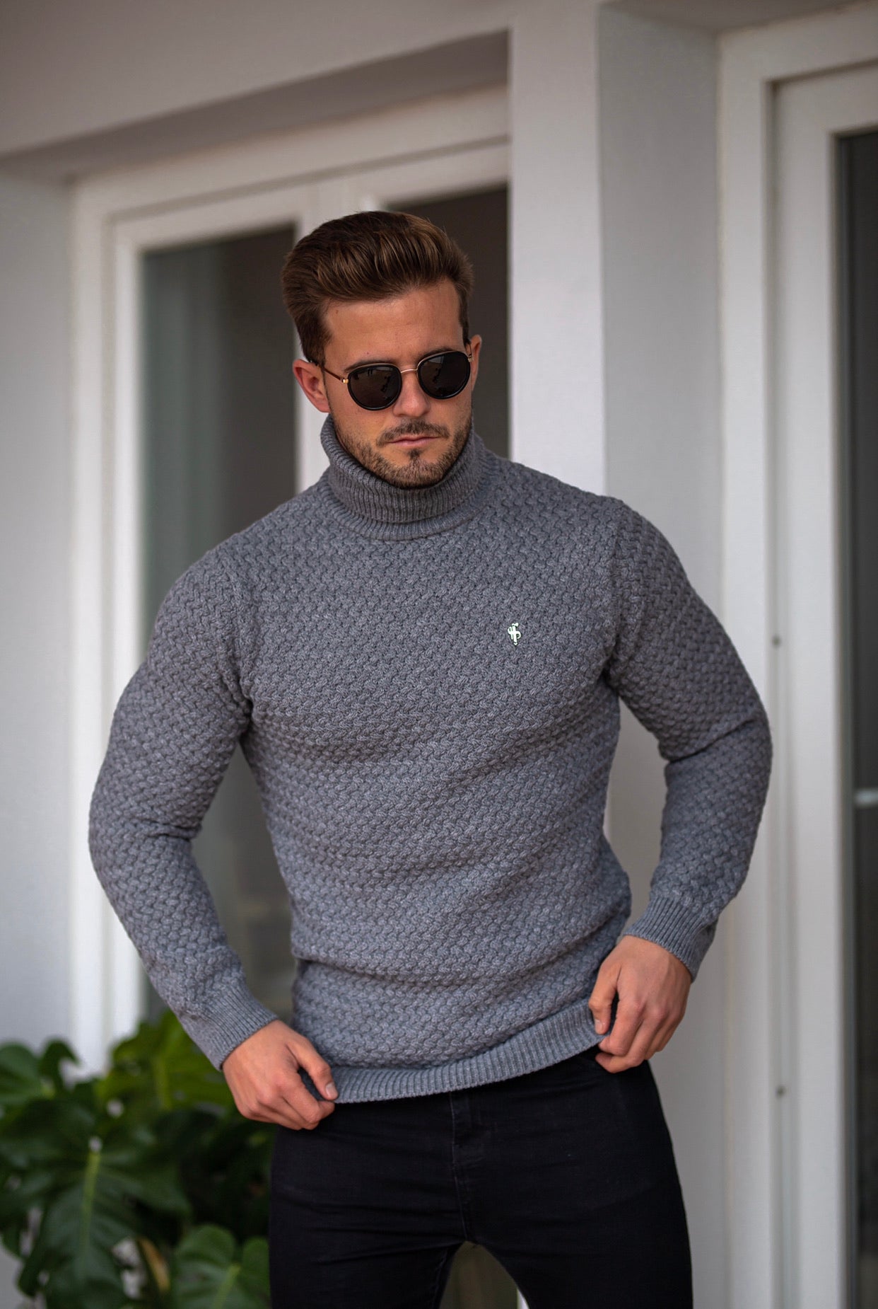 Charcoal Knitted Roll Neck Weave Super Slim Jumper With Metal Decal - FSJ027