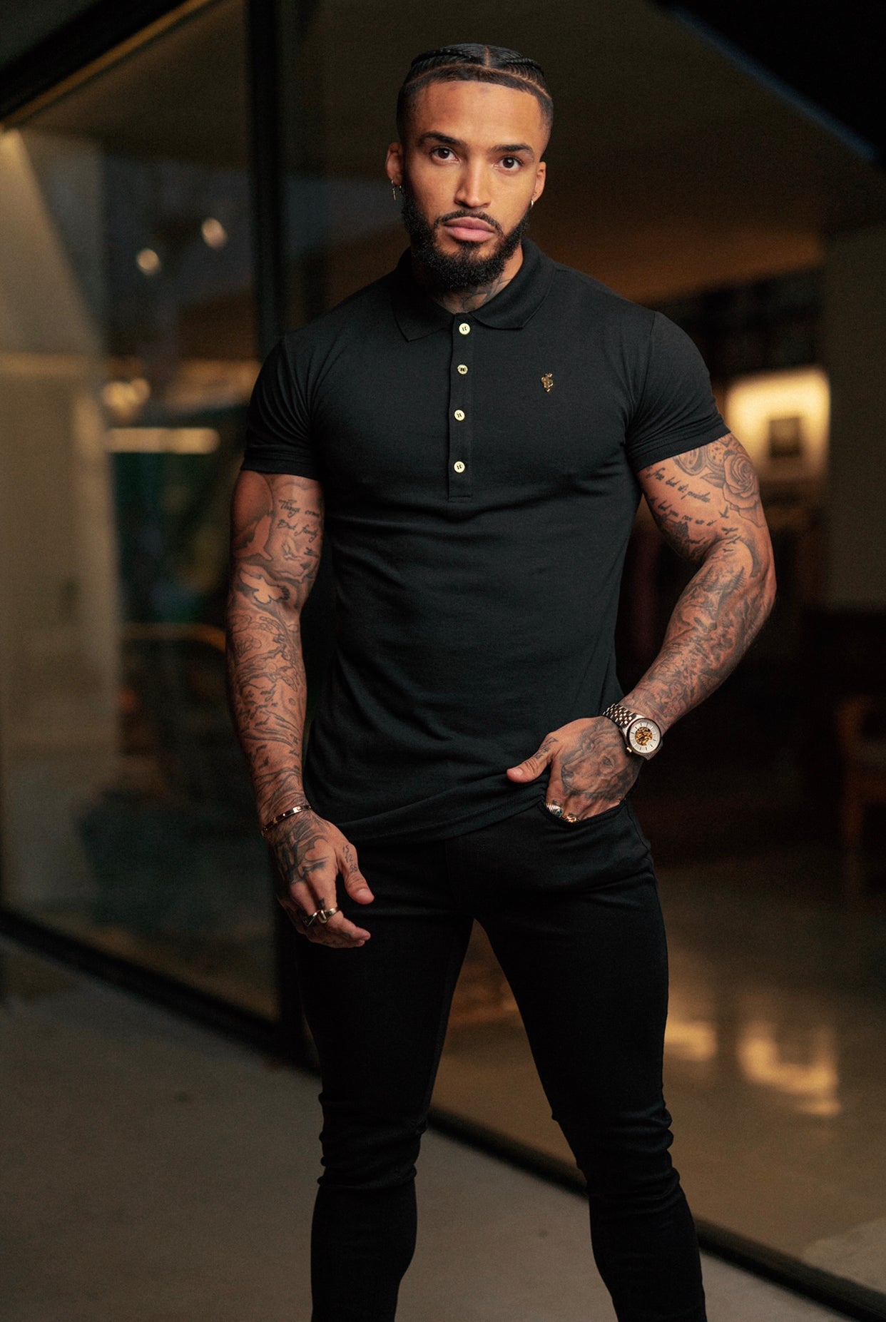 Classic Black Polo Shirt with Gold Metal Emblem Decal & Buttons - FSH458