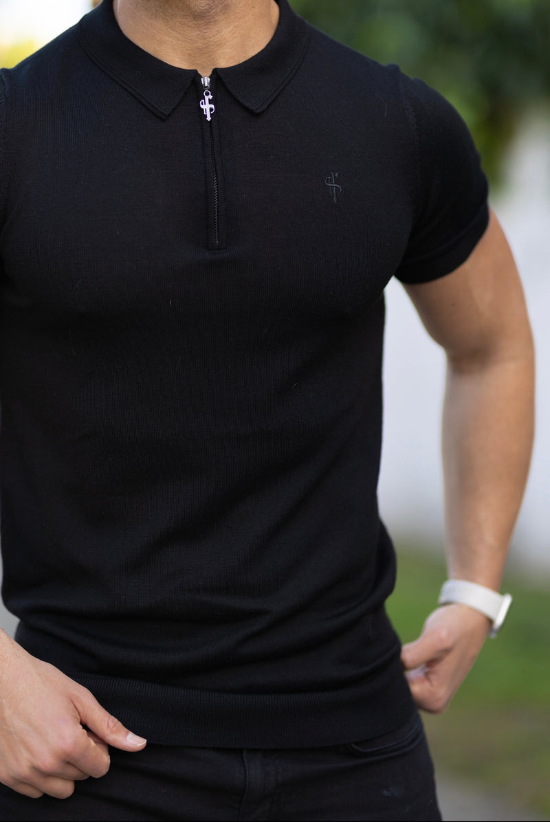 Father Sons Classic Black Merino Wool Knitted Zip Polo Short Sleeve Jumper With FS Embroidery- FSN023