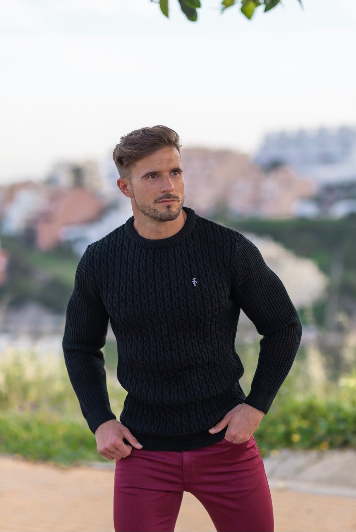 Black Knitted Braided Super Slim Jumper With Metal Decal - FSJ029