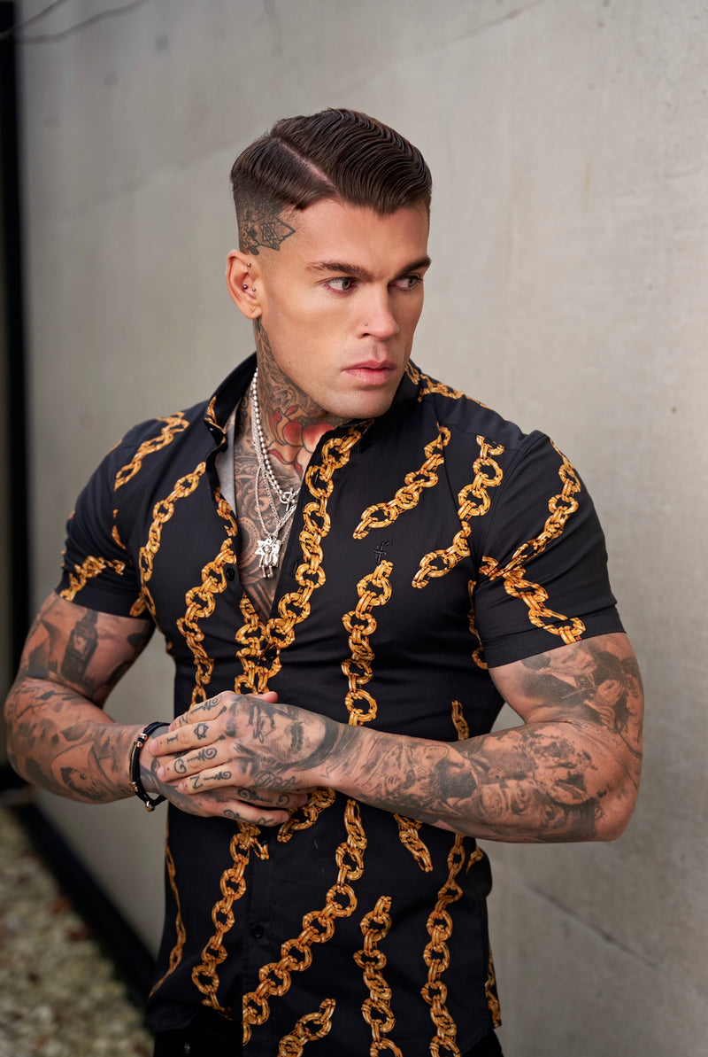 Father Sons Super Slim Stretch Black / Gold Chain Print Short Sleeve with Button Down Collar - FS857