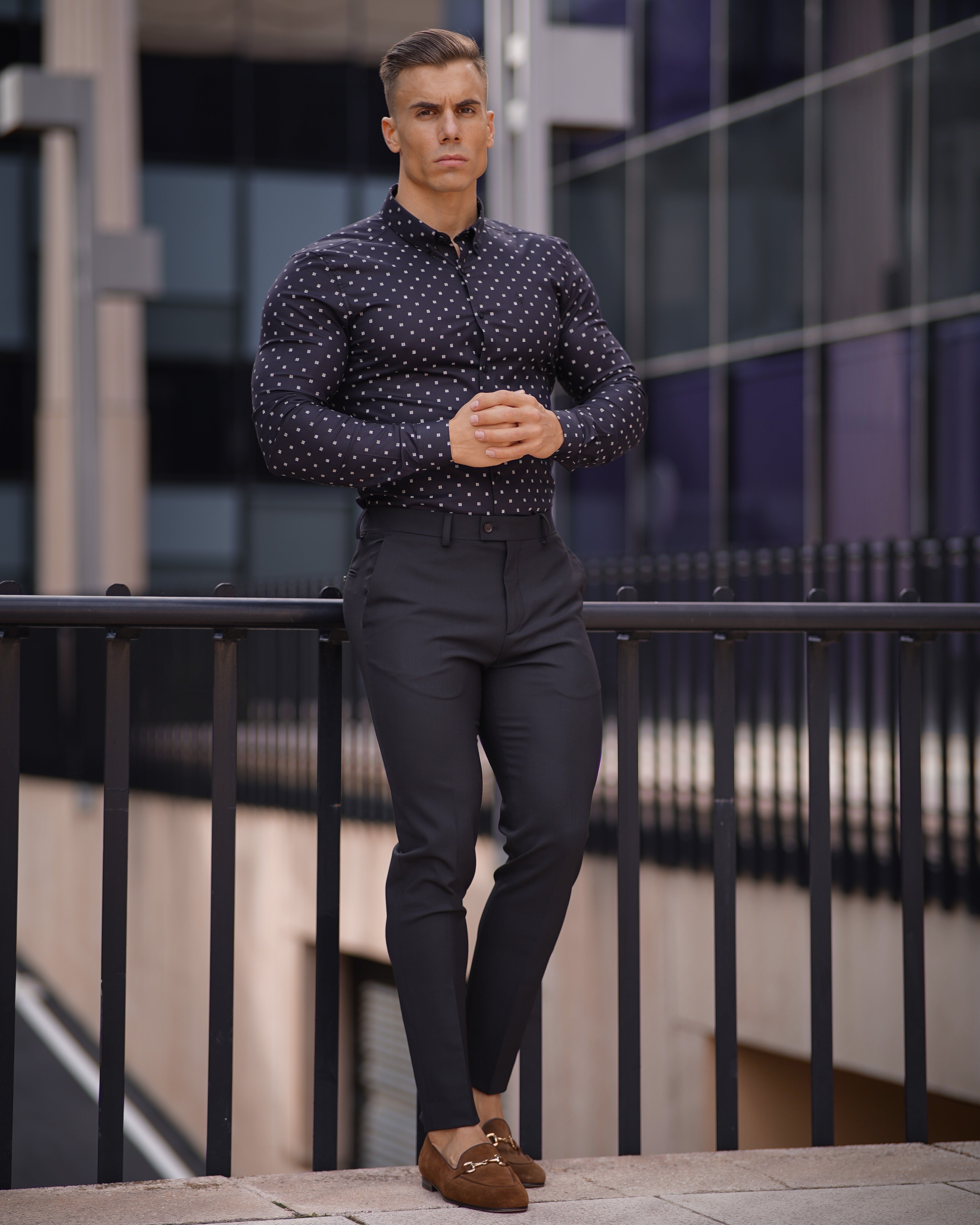 Super Slim Stretch Black & Off White Broken Square Print Long Sleeve - FS662