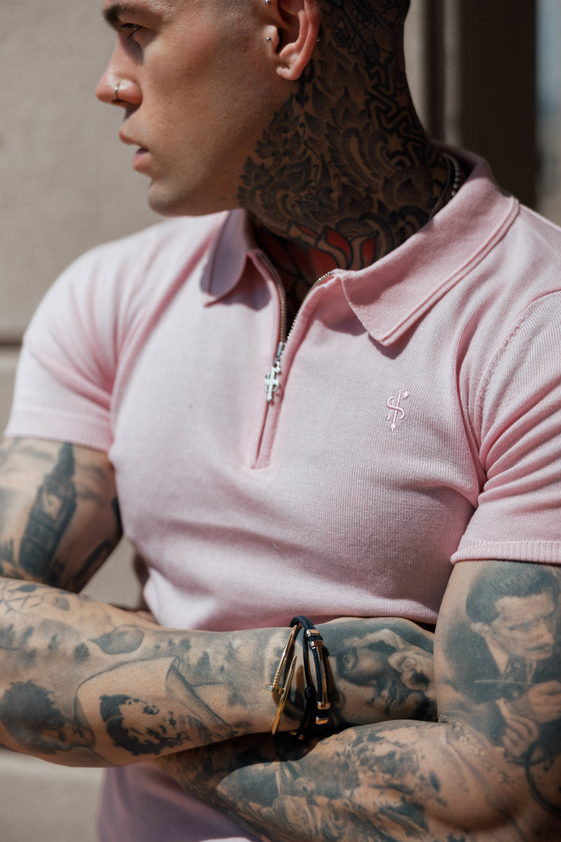 Father Sons Classic Pale Pink Merino Wool Knitted Zip Polo Short Sleeve Jumper With FS Embroidery- FSN029