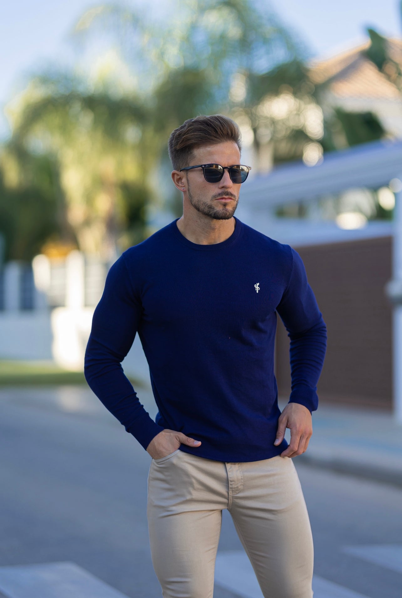 Classic Navy Crew Neck Knitted Jumper with Yellow Embroidery - FSN089