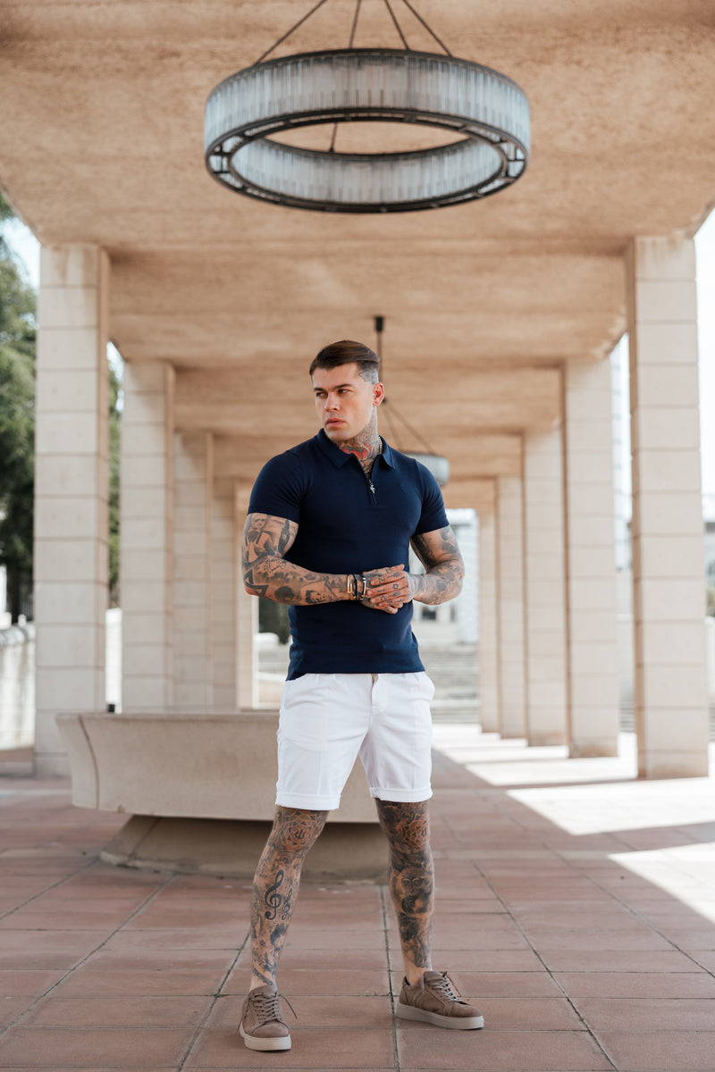 Father Sons Classic Navy Merino Wool Knitted Zip Polo Short Sleeve Jumper With FS Embroidery- FSN027