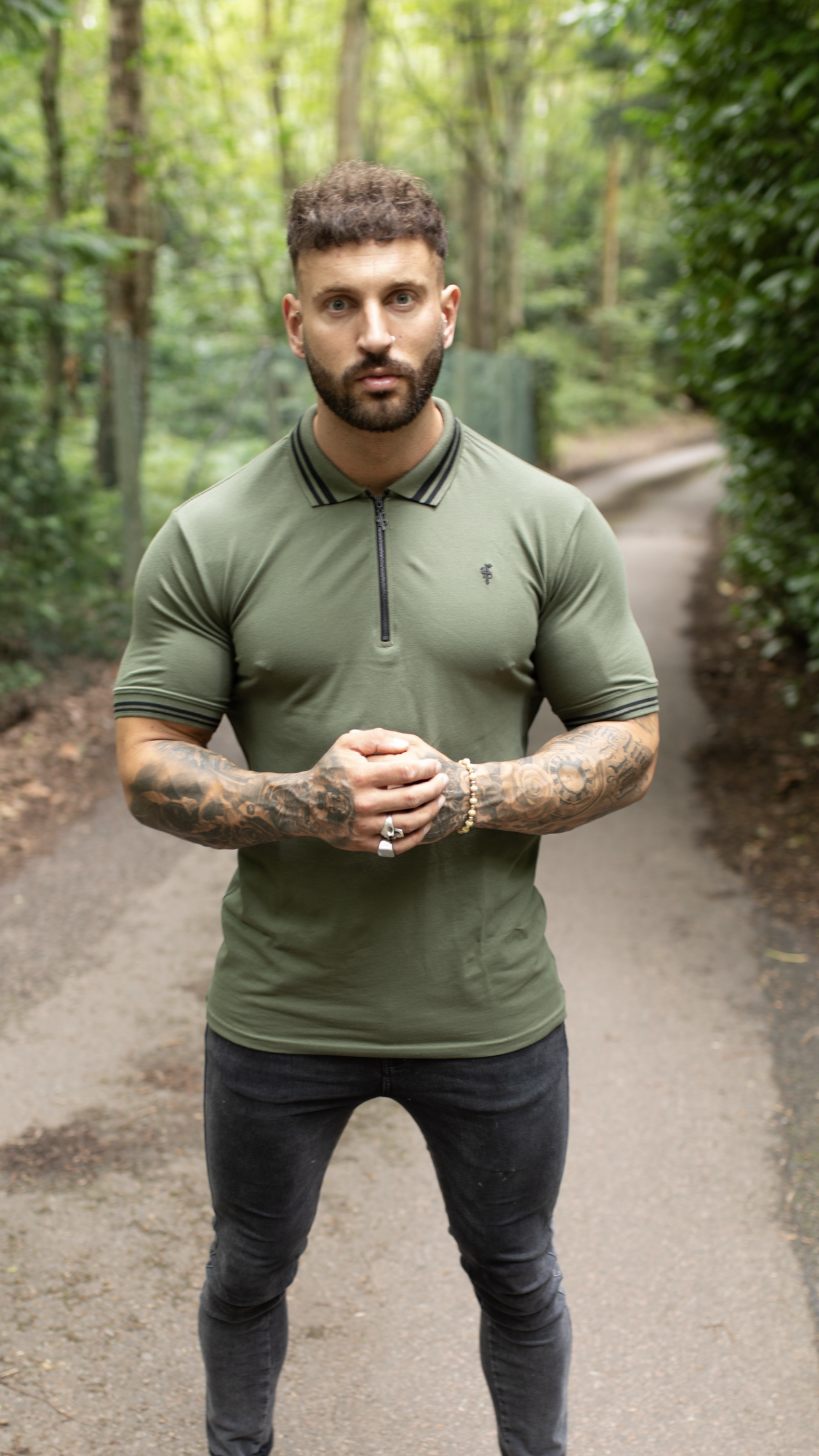 Khaki and Black Collar Contrast Zip Polo - FSH337