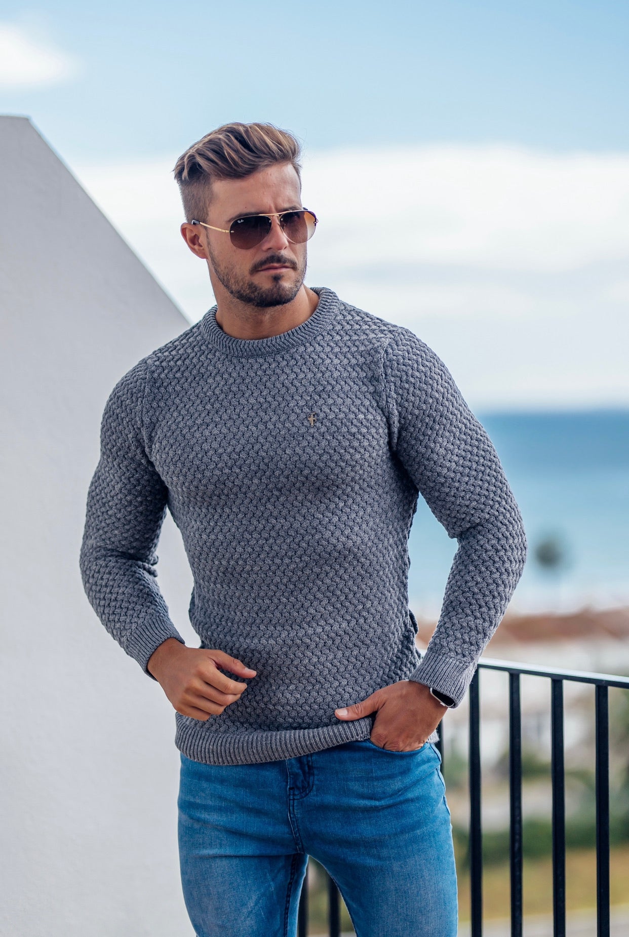 Grey Knitted Weave Super Slim Jumper With Metal Decal - FSJ016