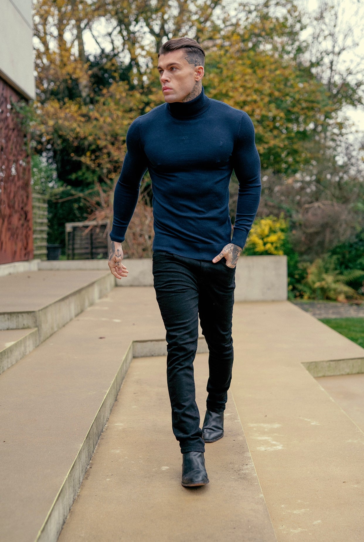 Classic Navy Roll Neck Merino Wool Knitted Jumper With FS Embroidery - FSN011
