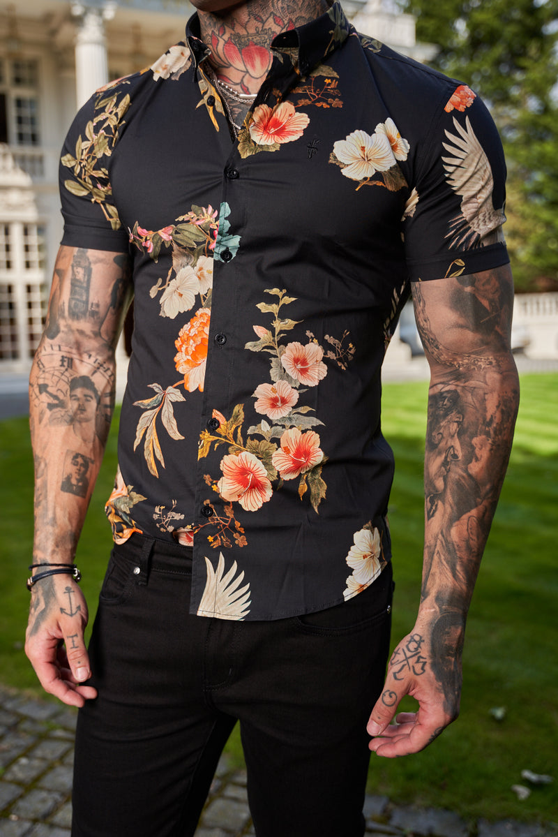 Father Sons Super Slim Stretch Black Crane Print Short Sleeve with Button Down Collar - FS768