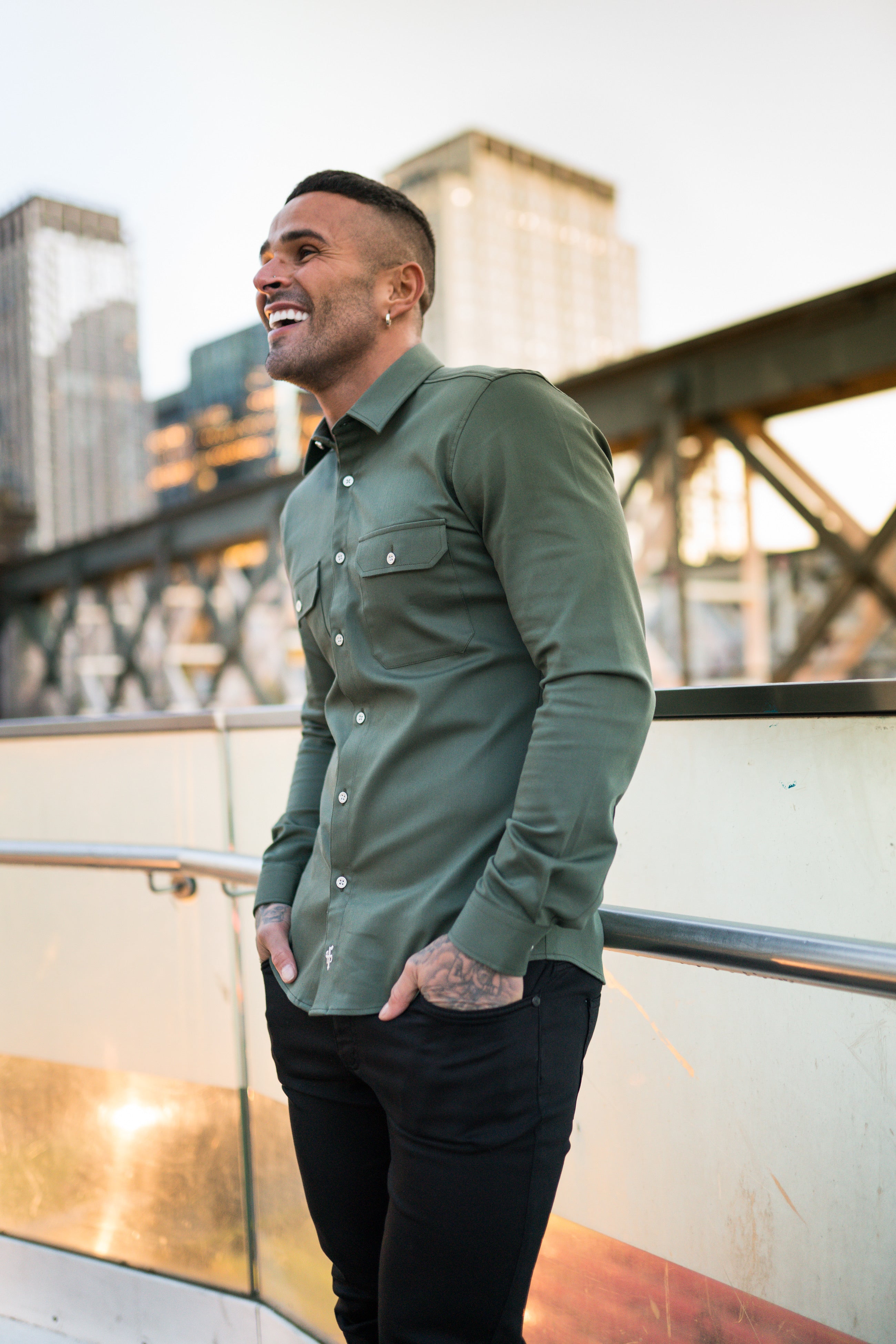 Super Slim Stretch Khaki Denim Shacket With Silver Buttons - FS757