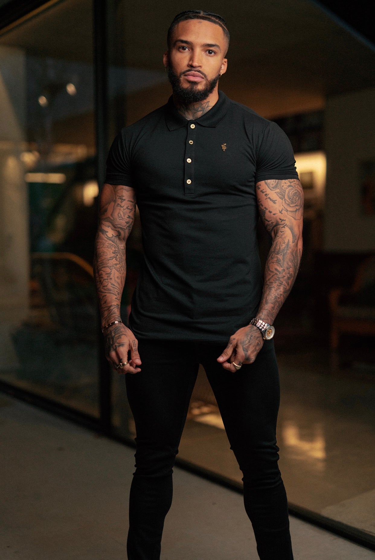 Classic Black Polo Shirt with Gold Metal Emblem Decal & Buttons - FSH458